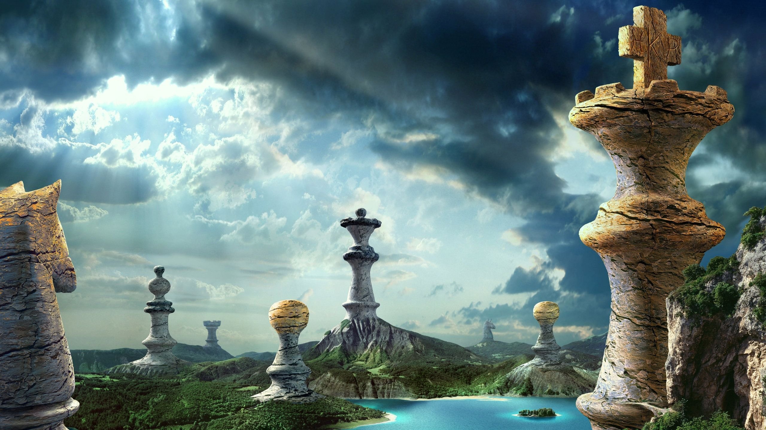 Pezzi scacchi gigant paesaggio fantasy, 2560x1440 QHD, Laptop