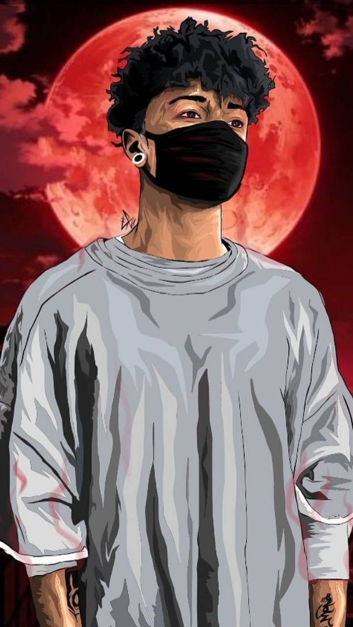Ragazzo con maschera nera, luna rossa, 720x1280 Verticale, Telefono