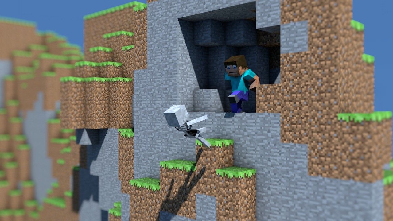 Grotta Minecraft con vista villaggio, Mojang, 1920x1080 Full HD 1080p, PC