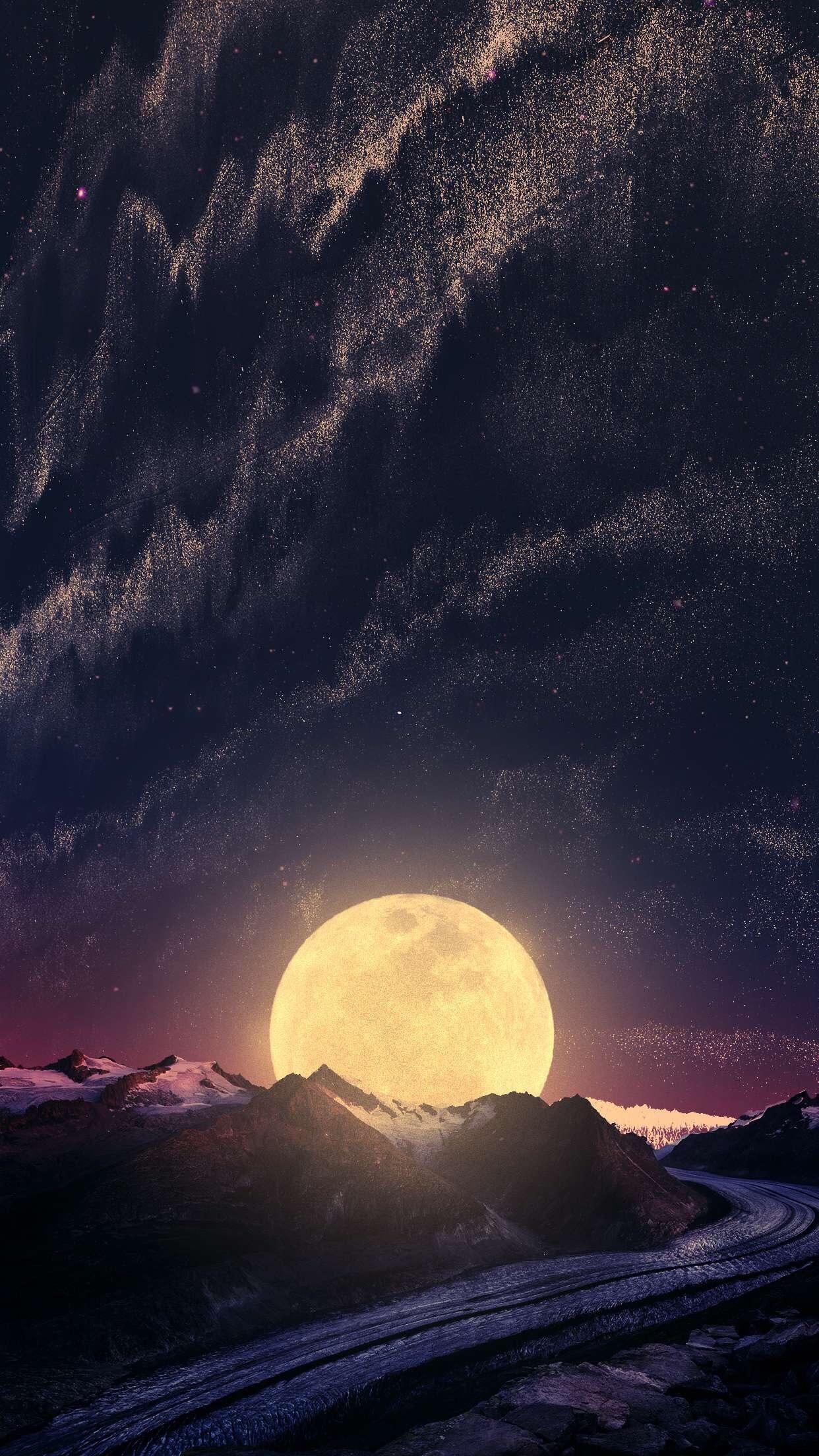 Luna piena su montagne notturne, 1242x2208 Full HD Verticale, iPad Pro