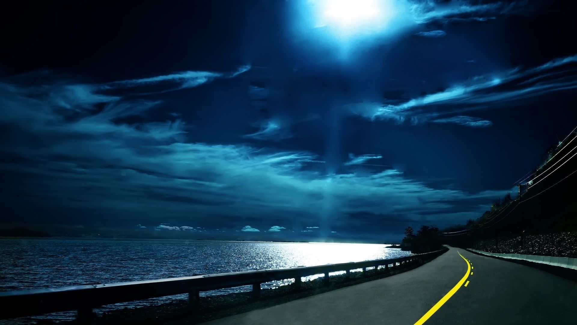 Strada costiera notturna con luna, 1920x1080 Full HD 1080p, Desktop