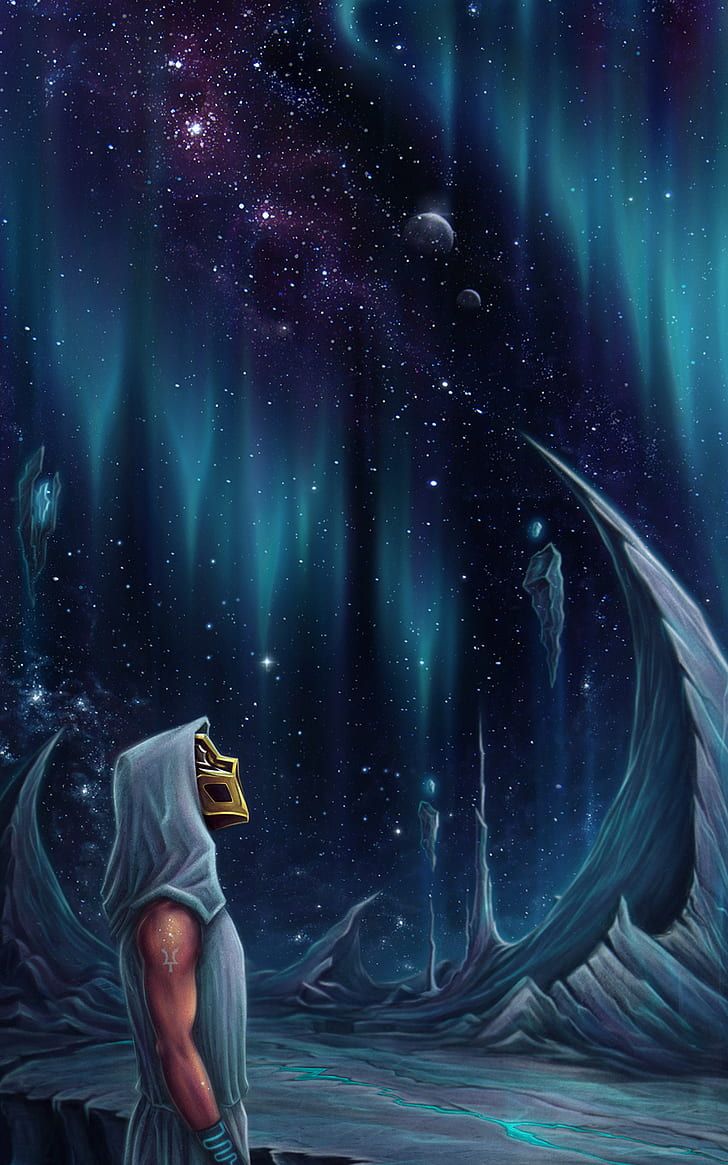 Figura incappucciata paesaggio cosmico, 728x1165 Full HD Verticale, Smartphone
