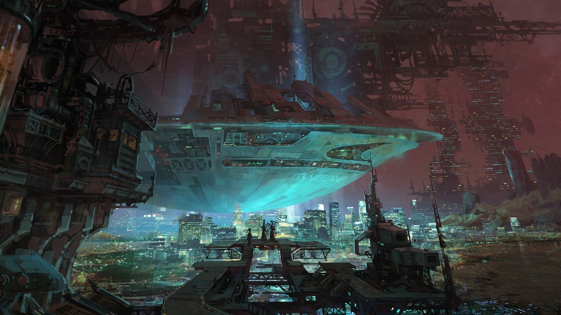 Astronave sci-fi su città futuristica, 1920x1080 Full HD, PC