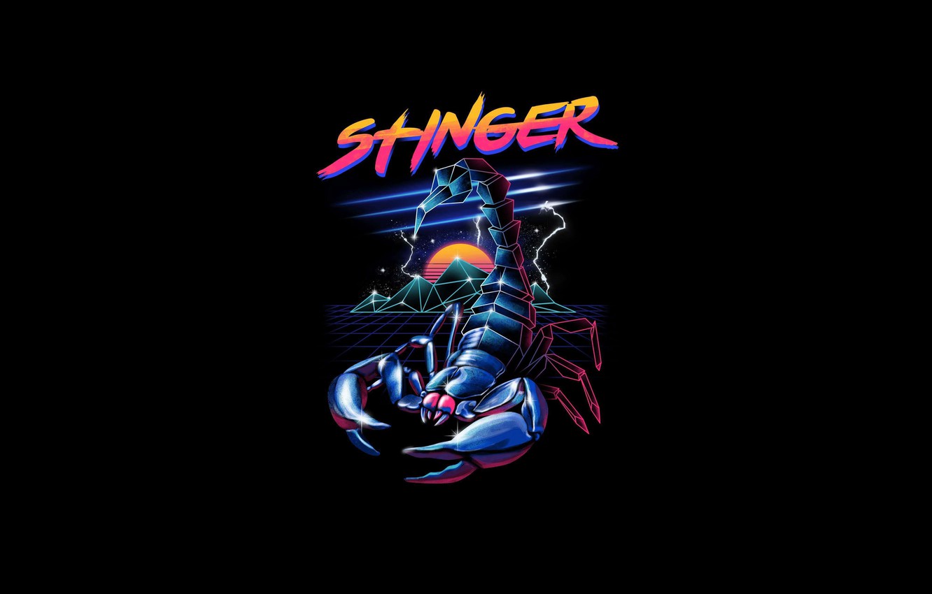 Scorpione neon retrowave, sfondo nero, 1332x850 720p, PC