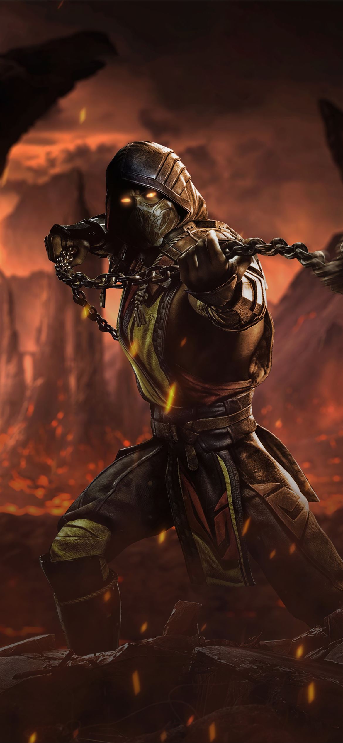 Scorpion Mortal Kombat con catena, 1170x2532 Verticale, Telefono