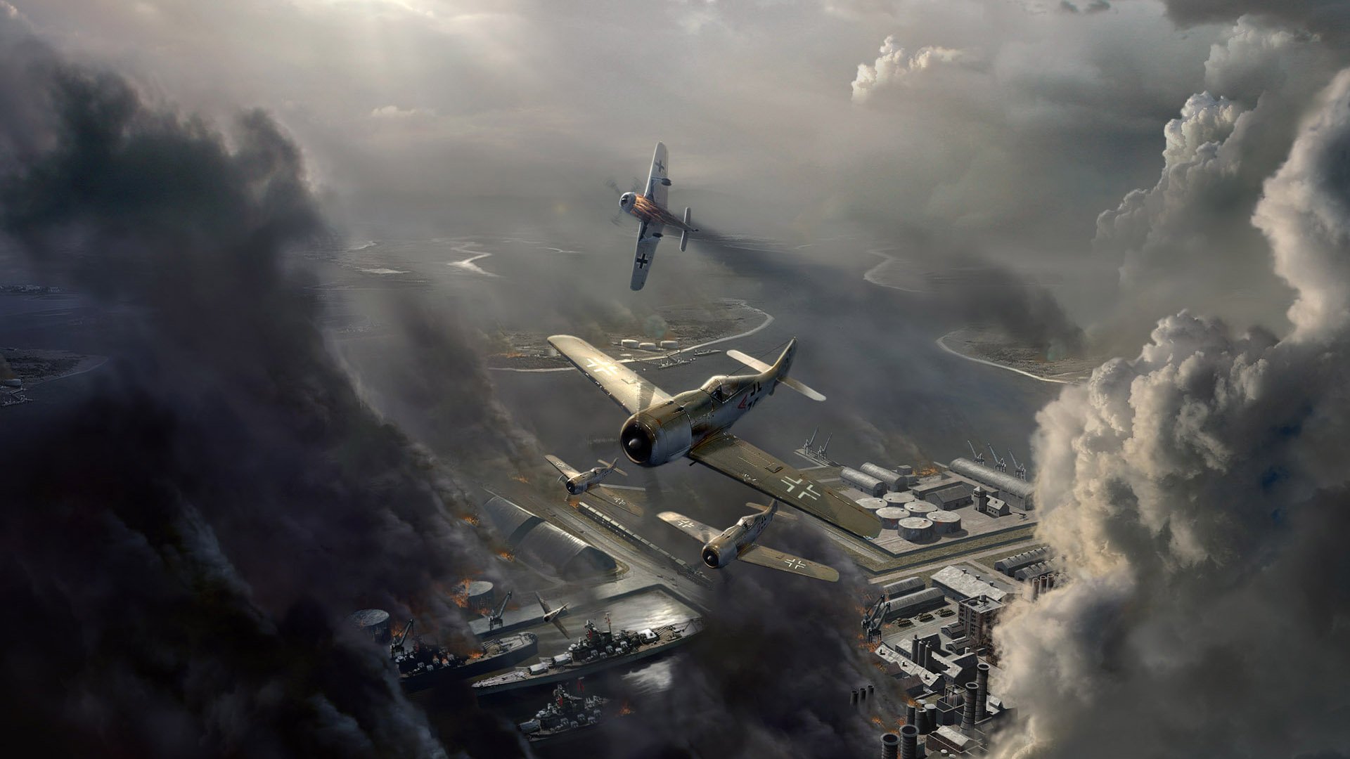 Aerei da guerra sopra base bombardata, 1920x1080 Full HD, PC Desktop