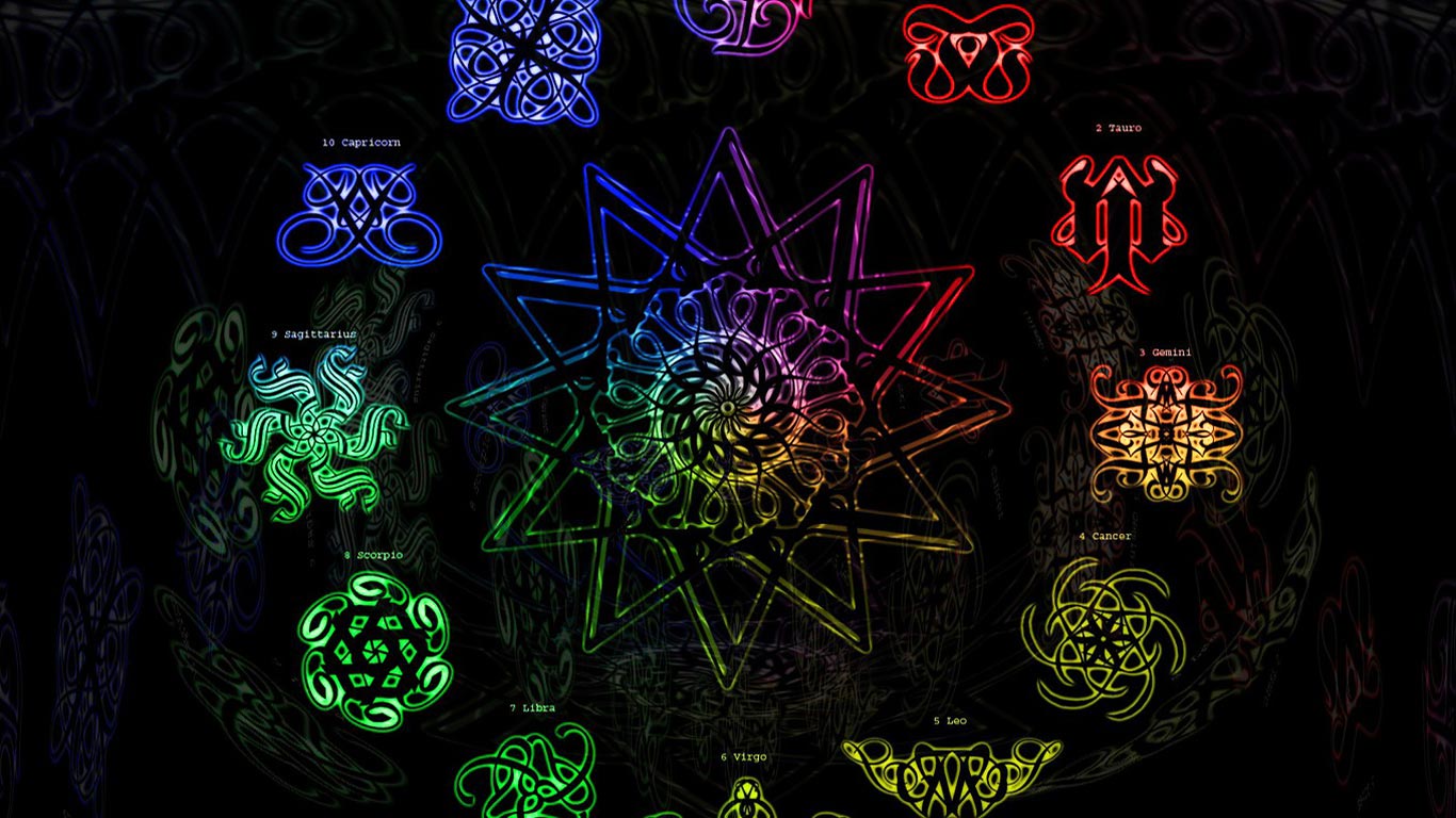 Simboli zodiacali luminosi colorati, 1366x768 HD, Desktop