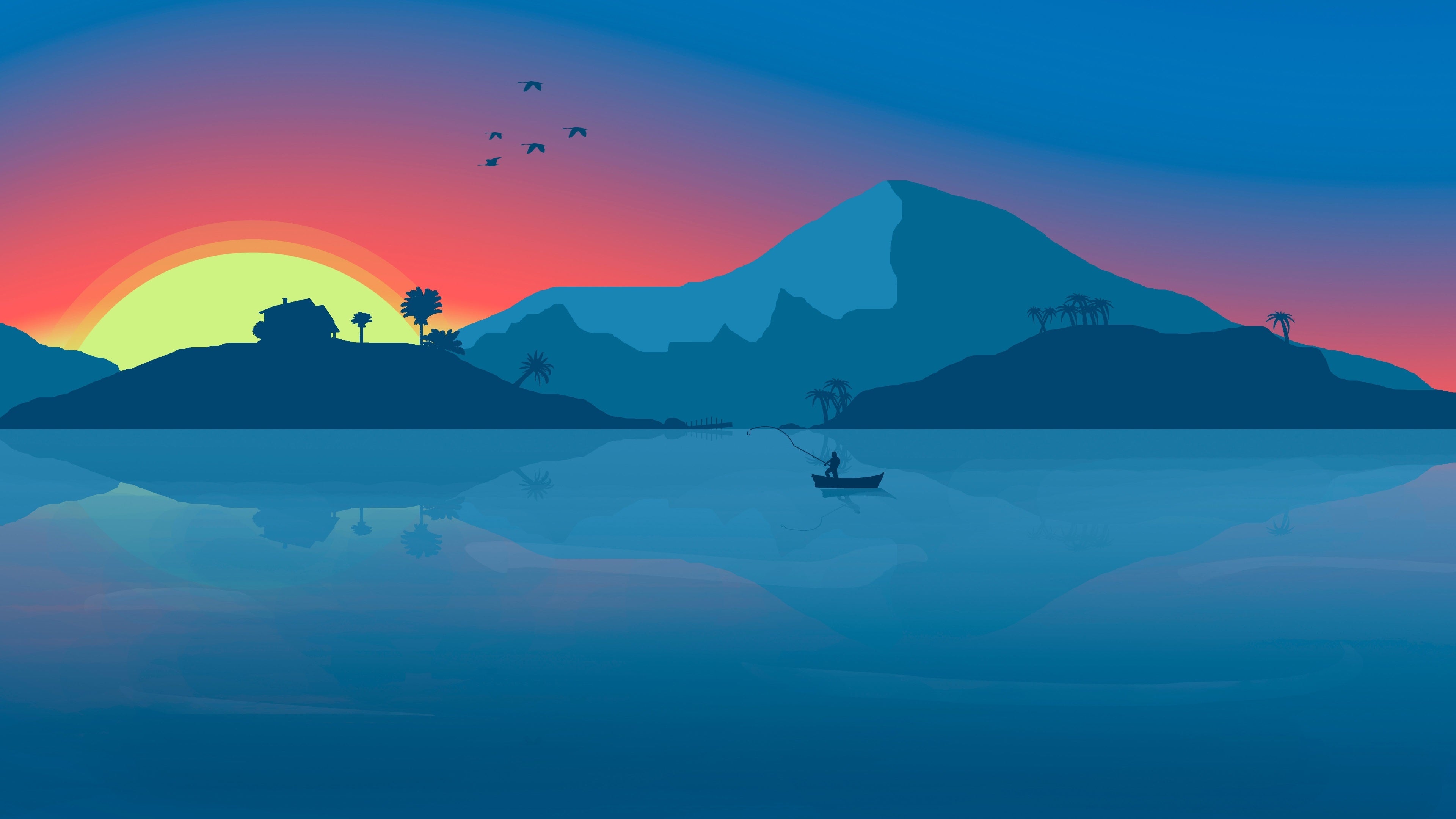 Tramonto minimalista con montagne e barca, 3840x2160 UHD, PC 4K