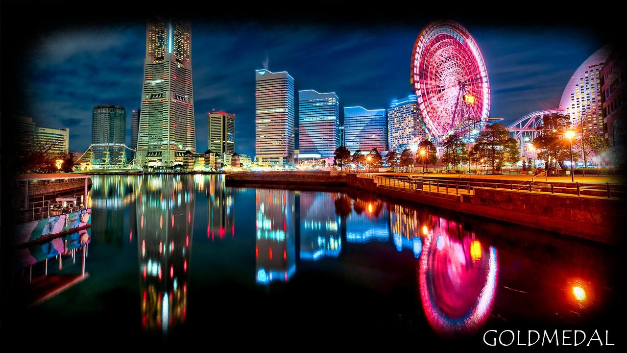 Skyline notturno con ruota panoramica, 1280x720 720p, PC
