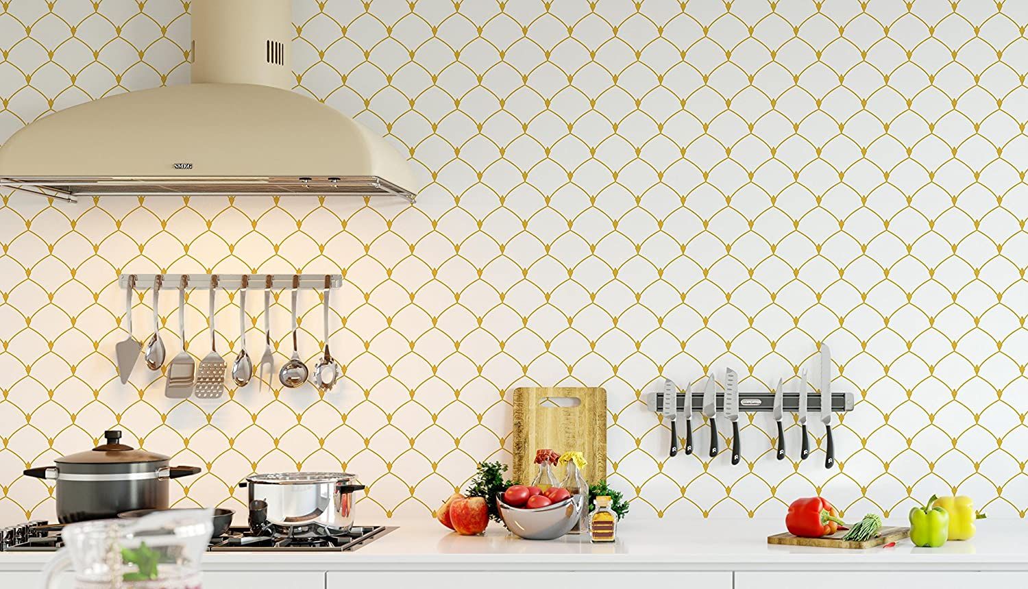 Cucina con carta da parati dorata, 1500x860 720p, PC