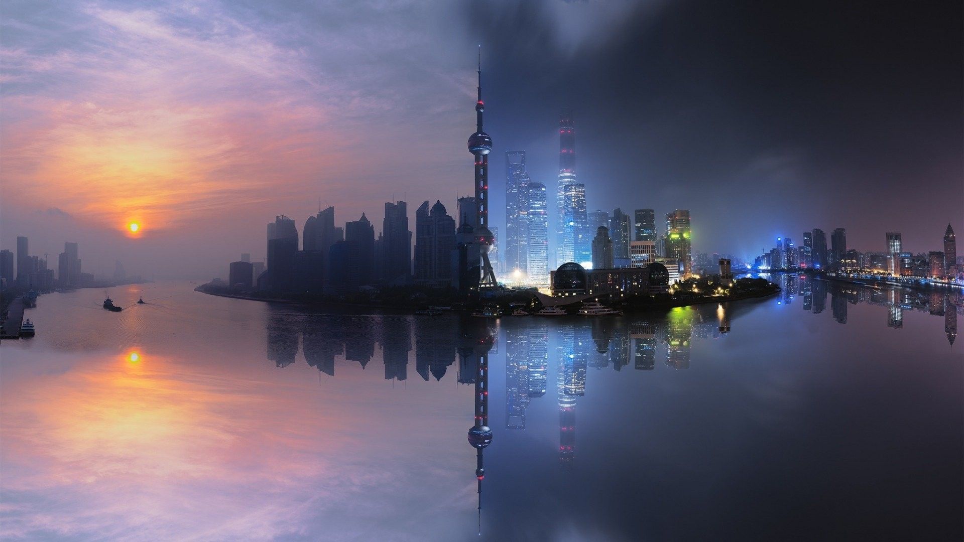 Skyline Shanghai giorno-notte diviso, 1920x1080 Full HD, Laptop