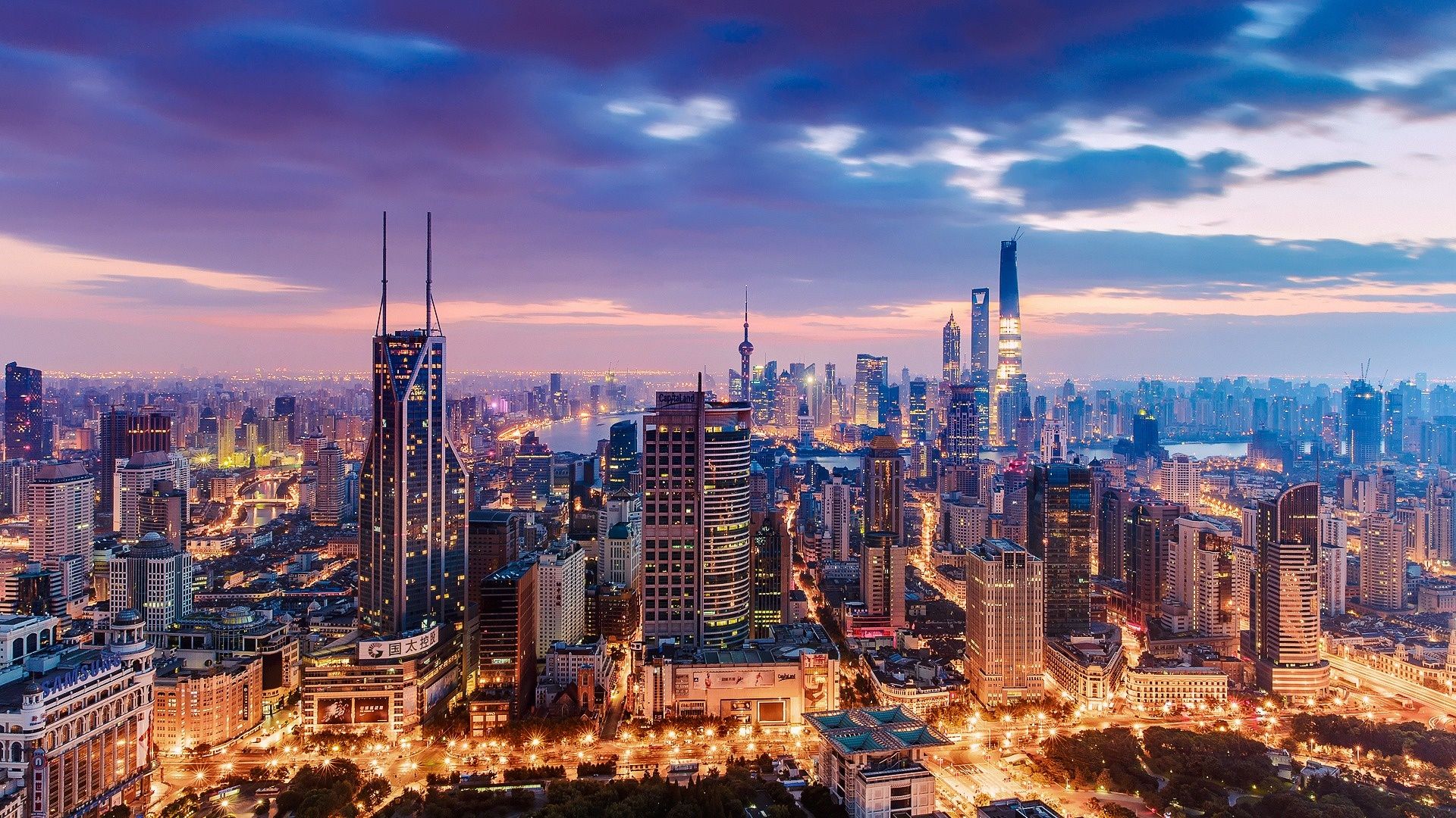 Skyline Shanghai al crepuscolo, 1920x1080 Full HD 1080p, PC Desktop
