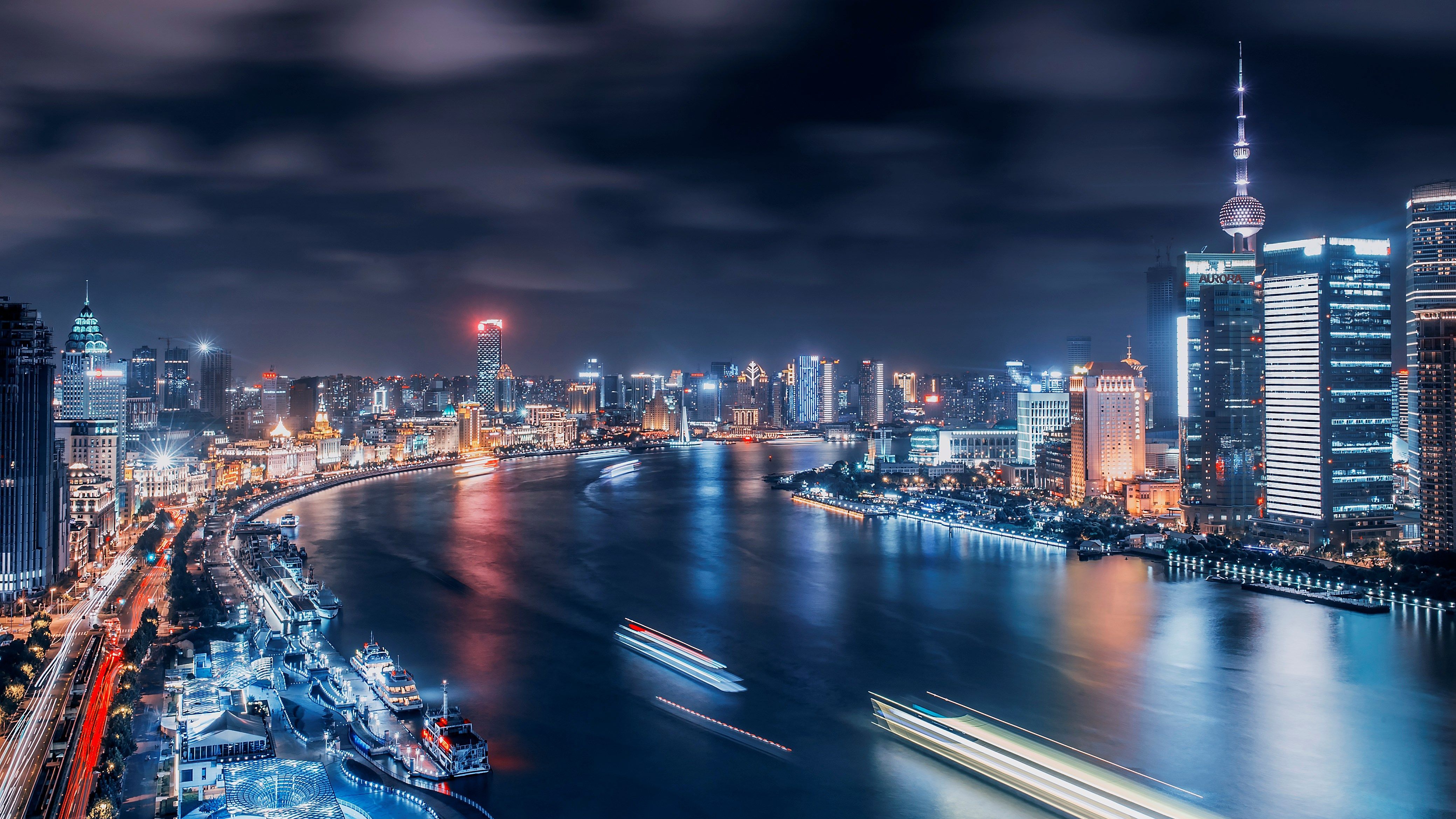 Shanghai skyline notturno fiume, 4158x2339 4K, Desktop 4K