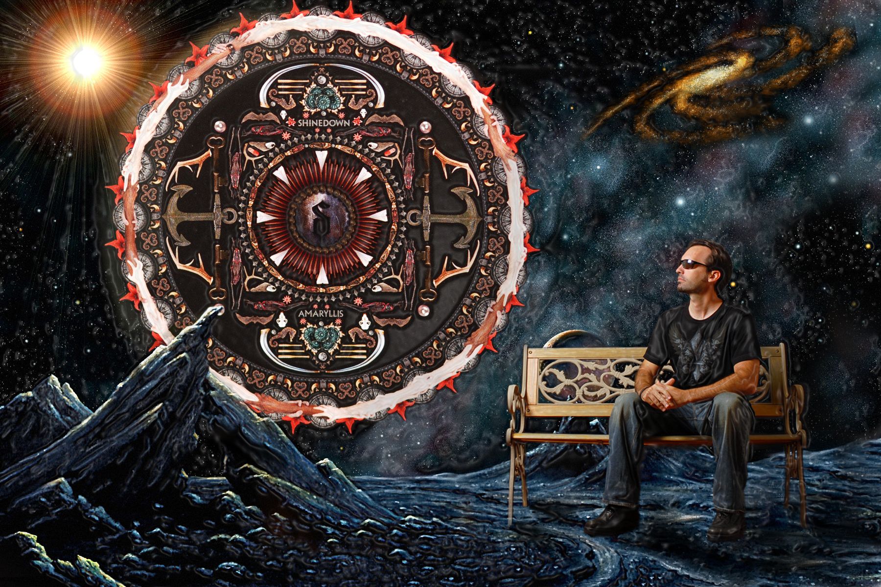 Uomo su panchina, mandala spaziale, 1800x1200 HD Ready, PC Desktop