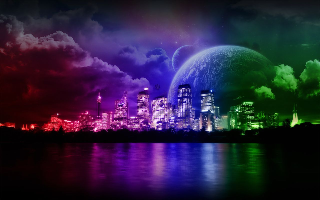 Città notturna con pianeta fantasy, 1280x800 HD, Notebook Gaming