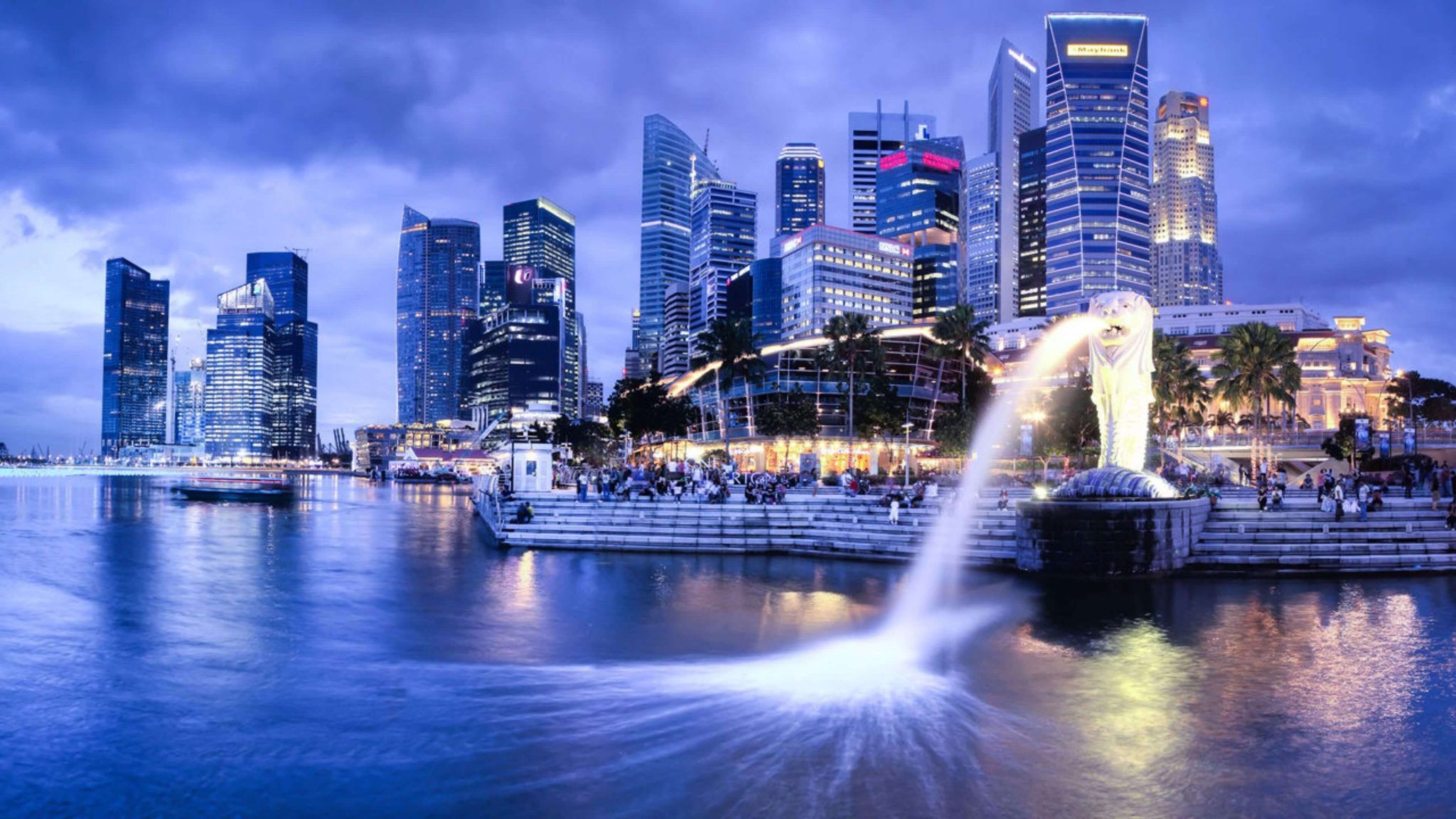 Merlion e skyline Singapore, 2048x1152 2K, Desktop
