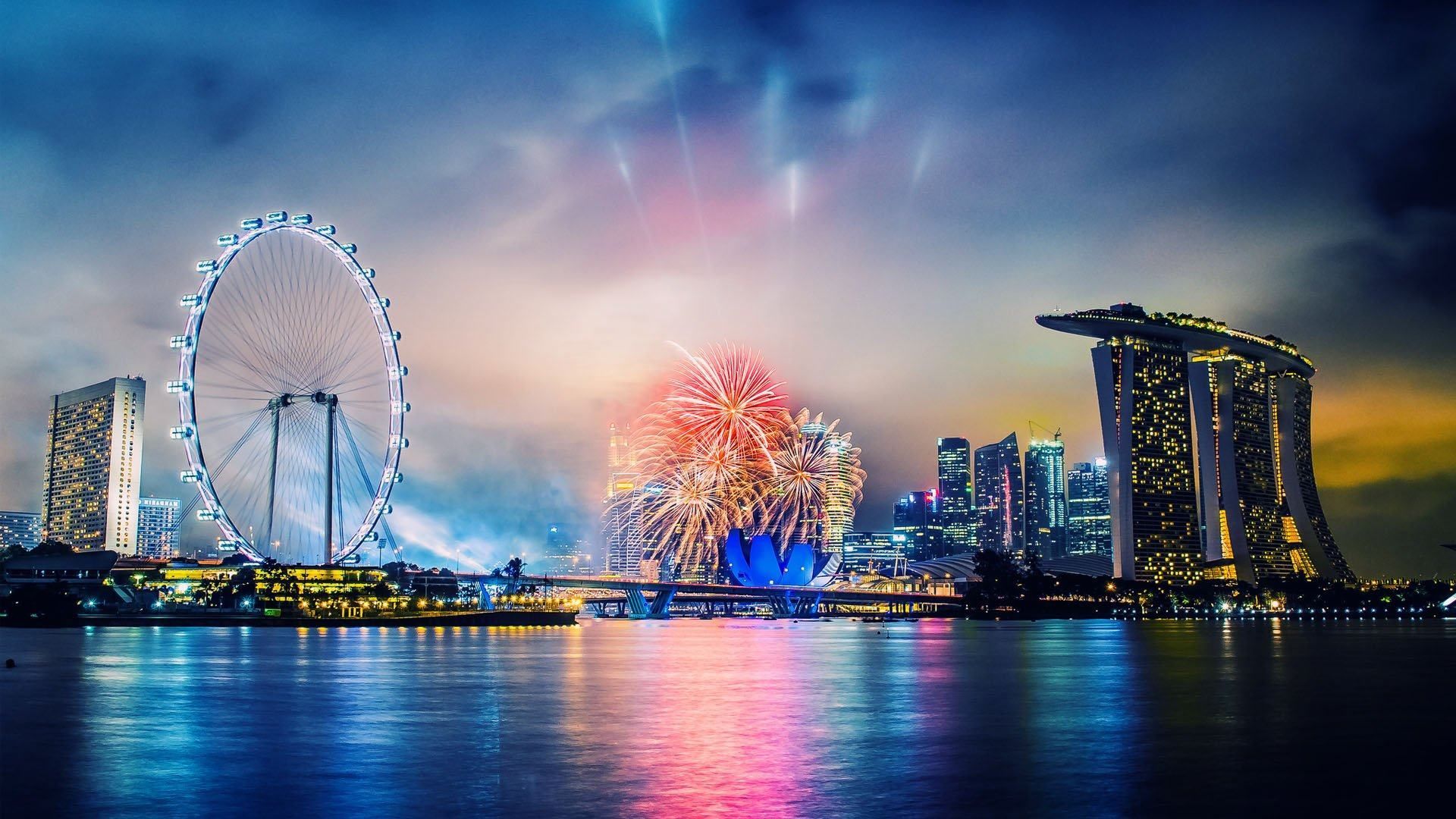 Singapore skyline con fuochi d'artificio, 1920x1080 Full HD, Desktop