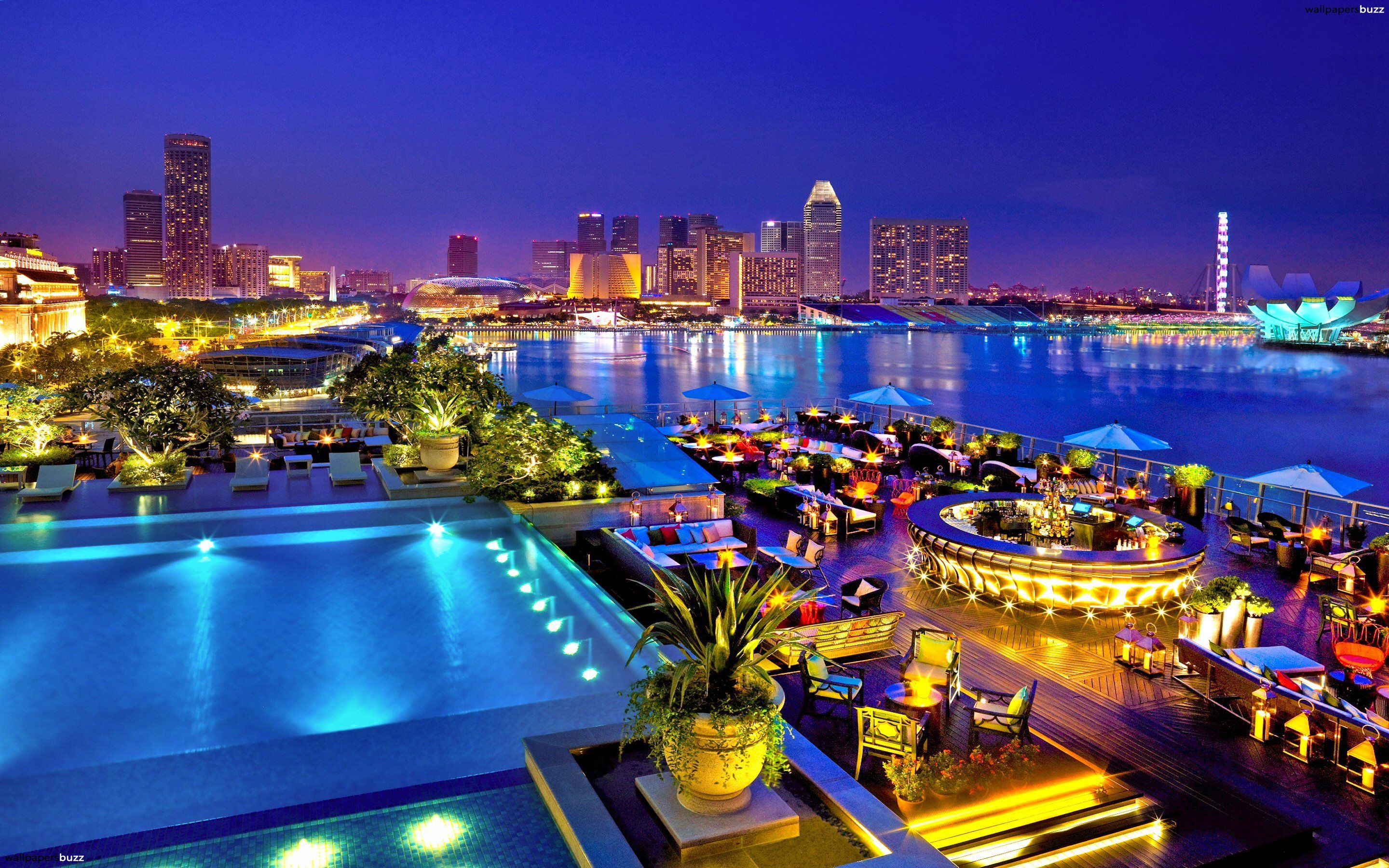 Singapore skyline notturno con piscina, 2880x1800 2K+, Desktop
