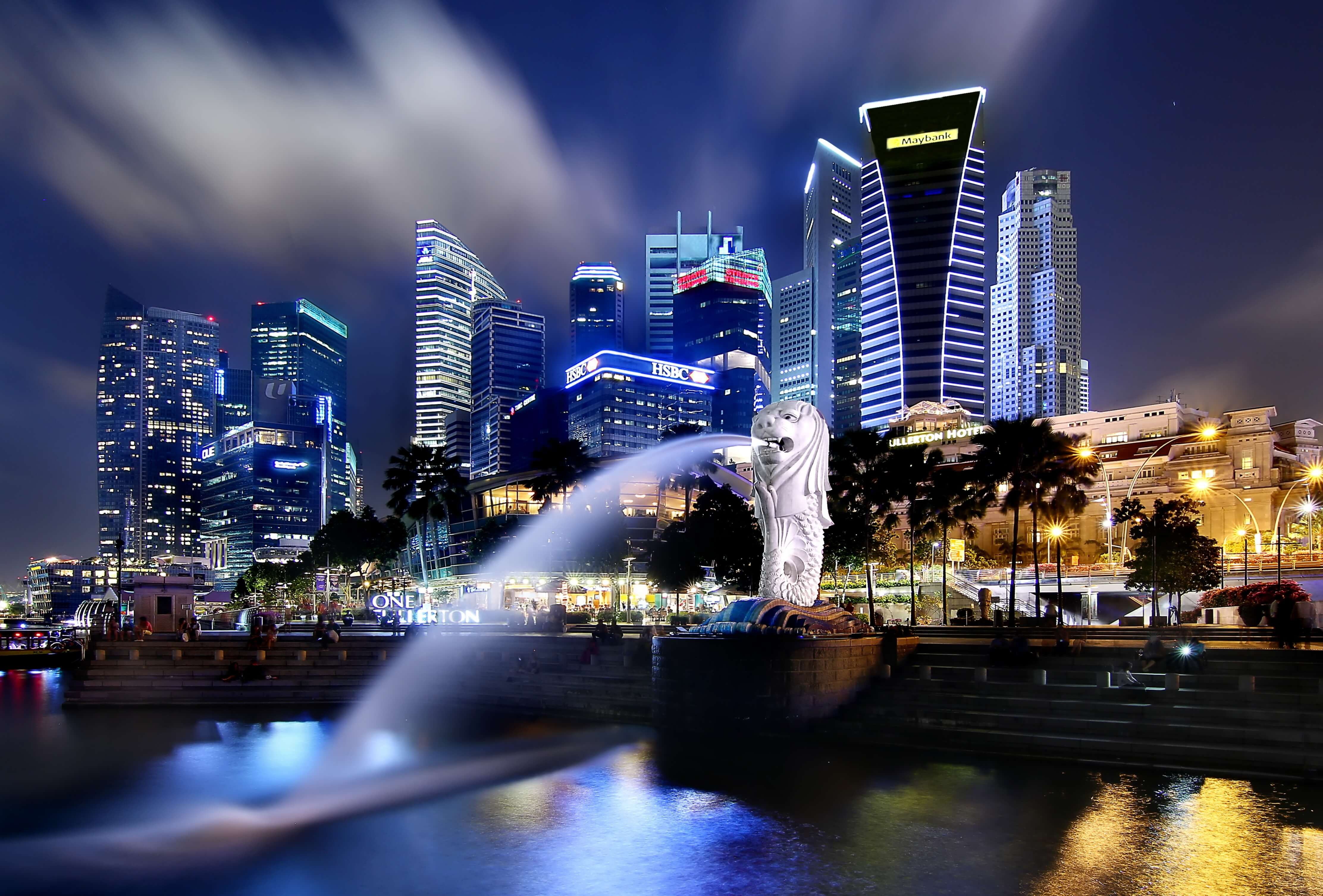Merlion Singapore skyline notturno, 4448x3014 Ultra HD, 4K TV