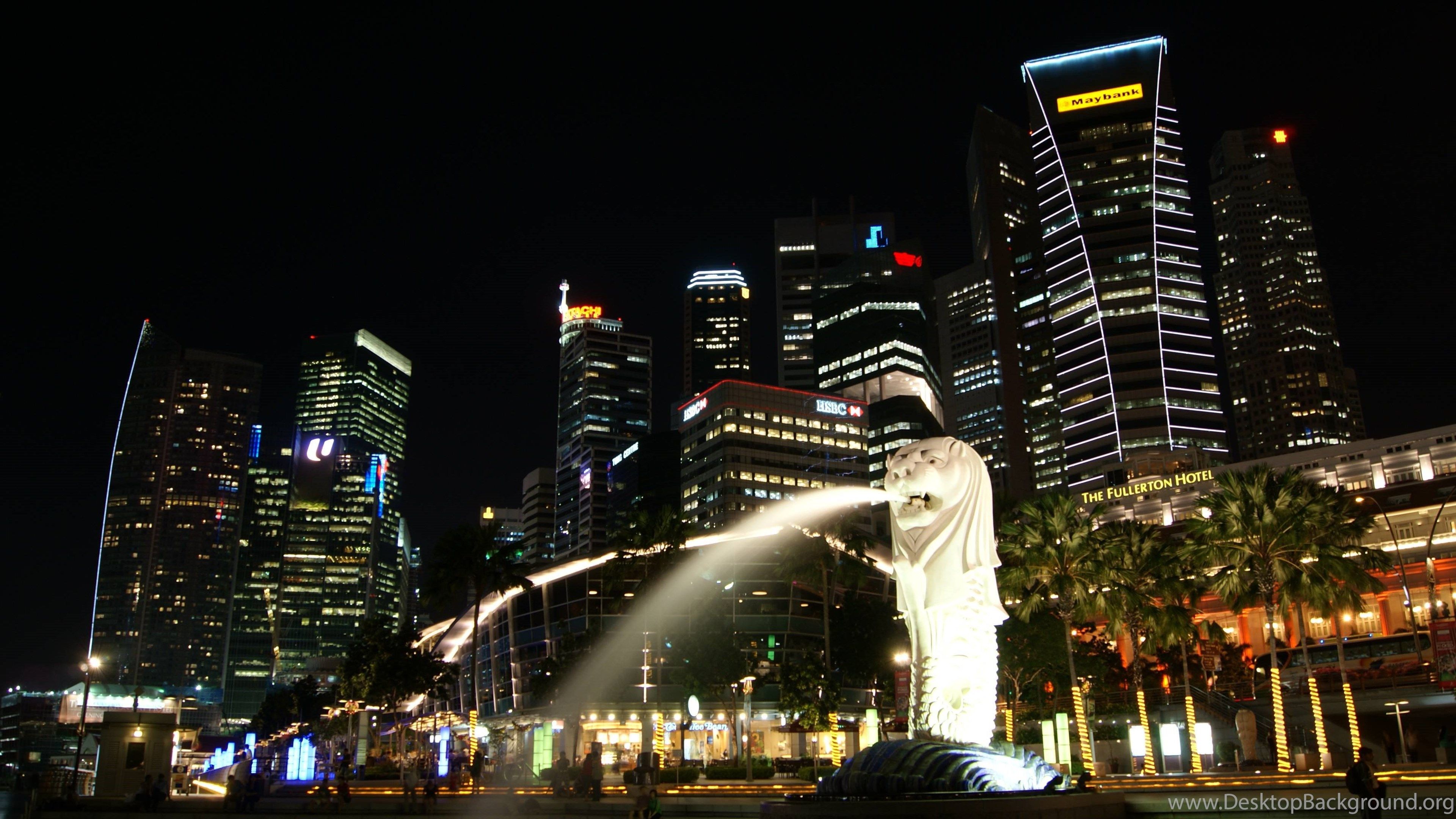 Merlion Singapore skyline notturna, 3840x2160 Ultra HD, Monitor 4K