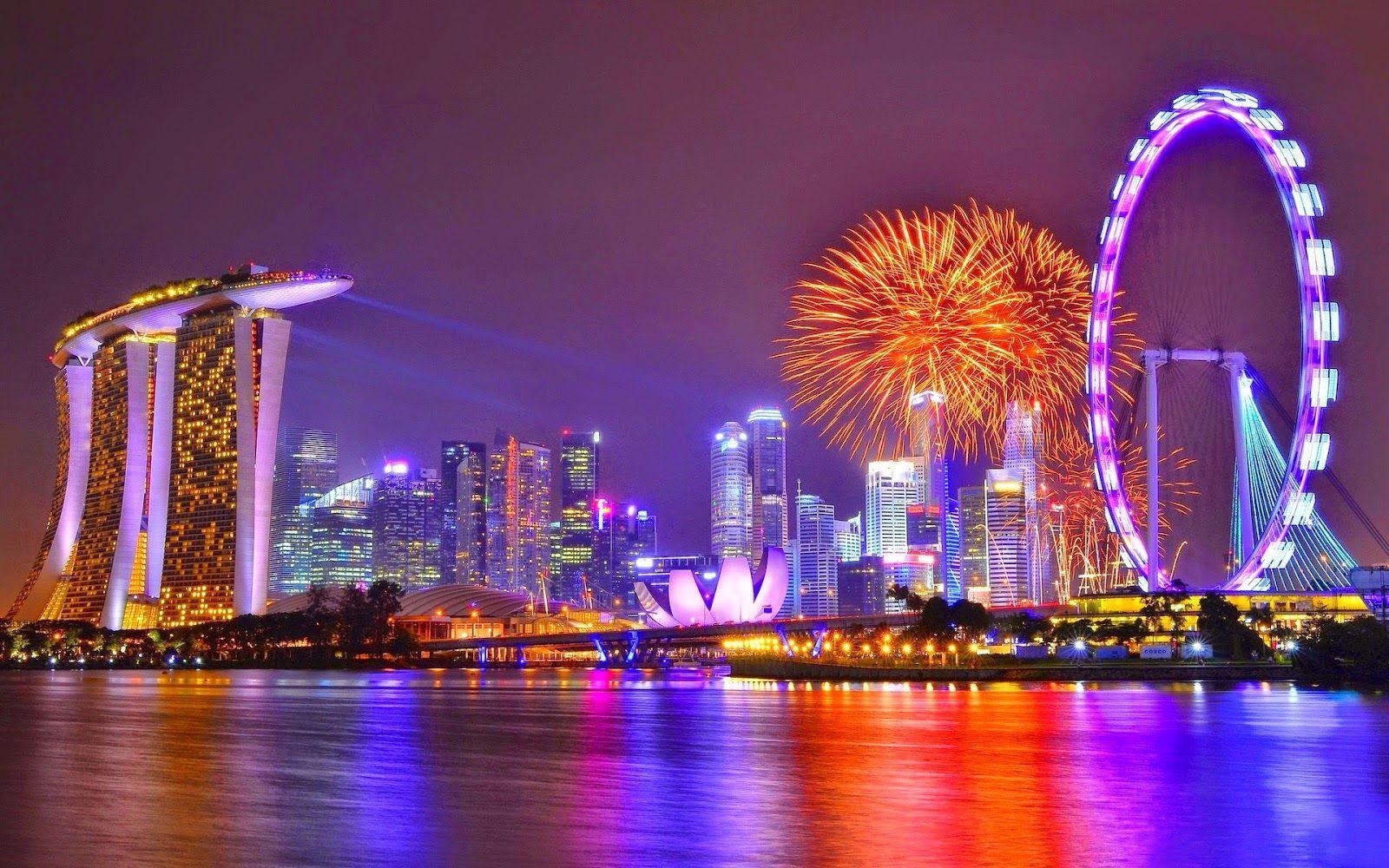 Skyline Singapore notturno fuochi artificio, 1600x1000 HD Ready, Desktop