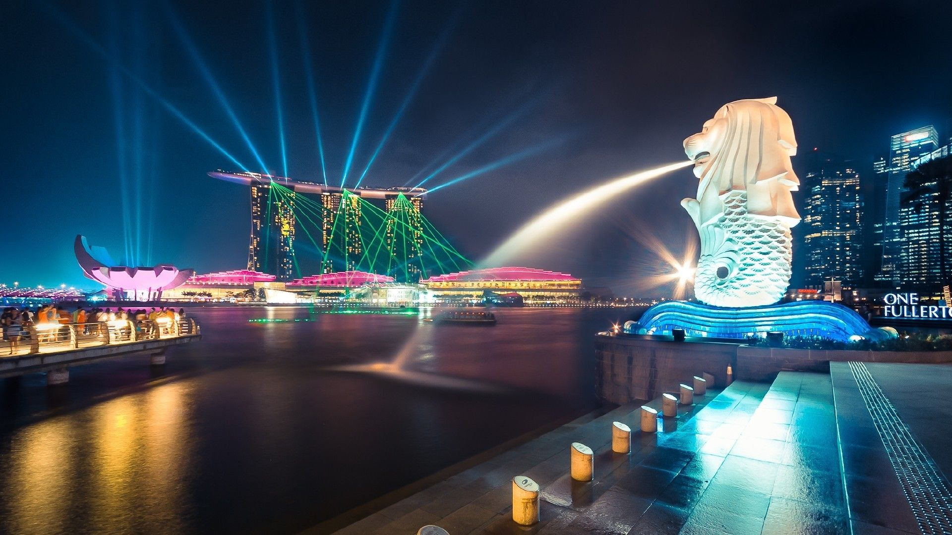 Merlion Singapore skyline notturno, 1920x1080 Full HD 1080p, PC