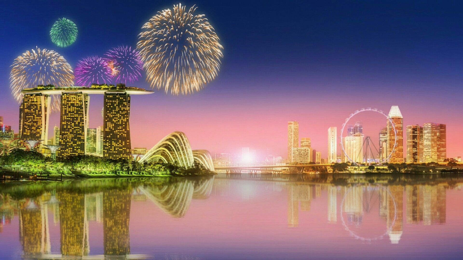 Skyline Singapore con fuochi d'artificio, 1920x1080 Full HD, Desktop