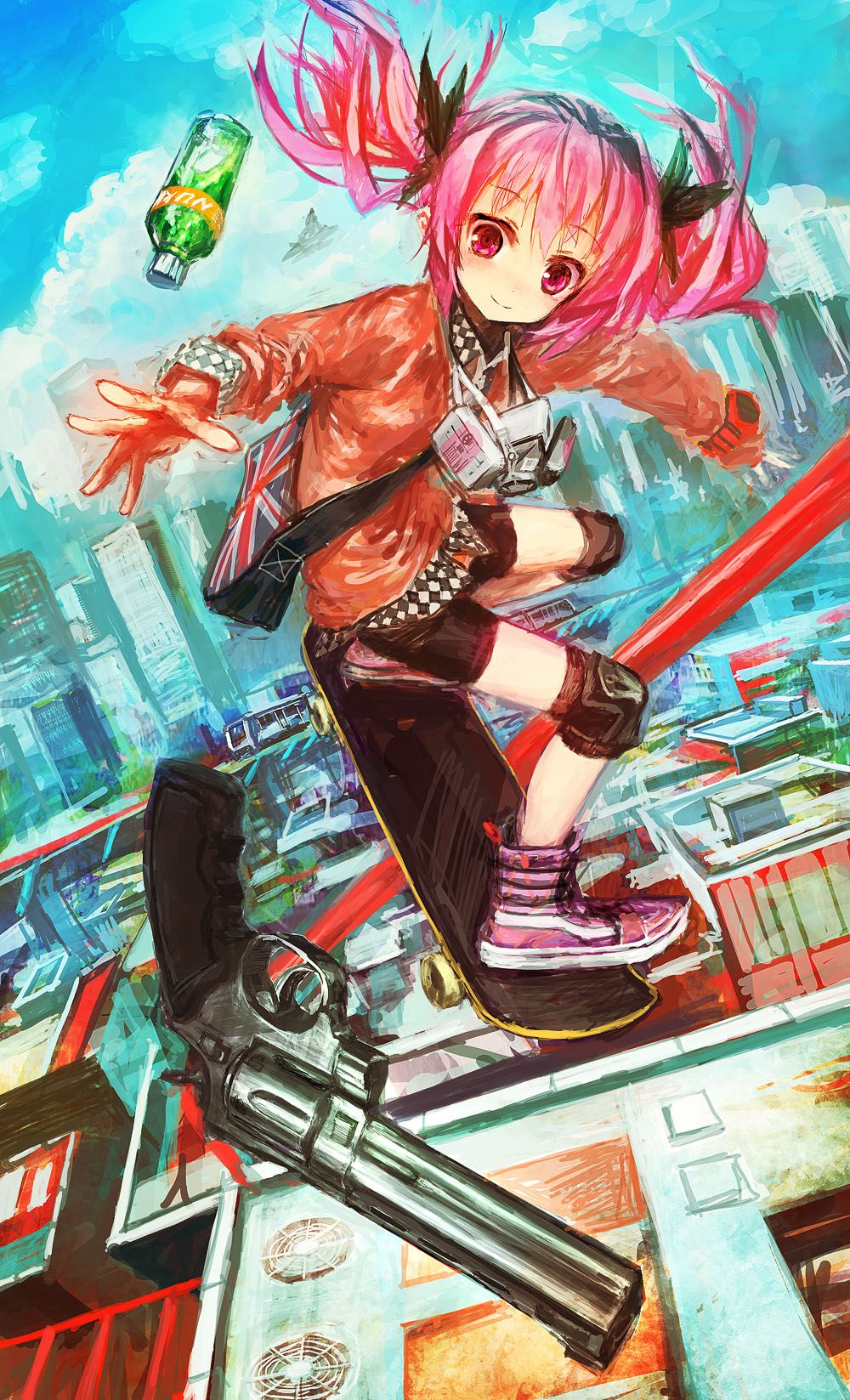Ragazza anime capelli rosa skateboard, 1000x1647 Full HD Verticale, iPhone