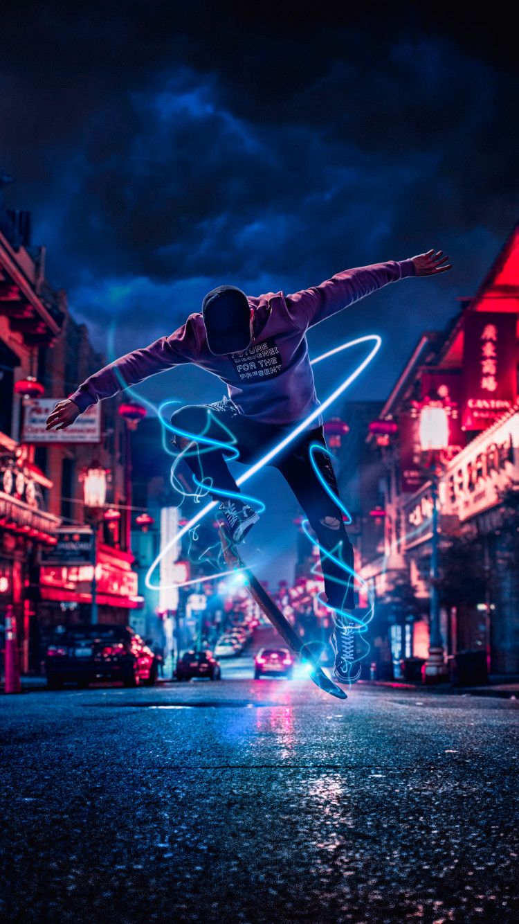 Skateboarder salto luci neon, 750x1334 Verticale, iPhone Plus