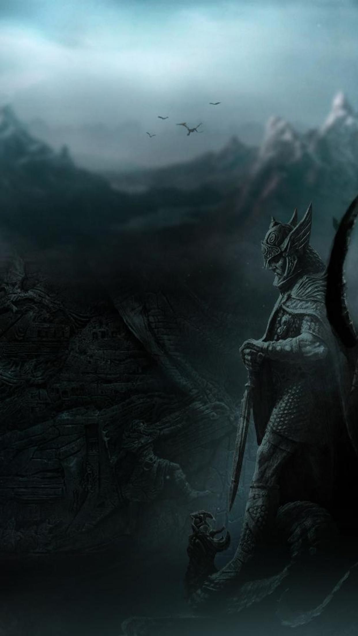 Guerriero Skyrim montagne nebbiose, 1242x2208 Full HD Verticale, Smartphone
