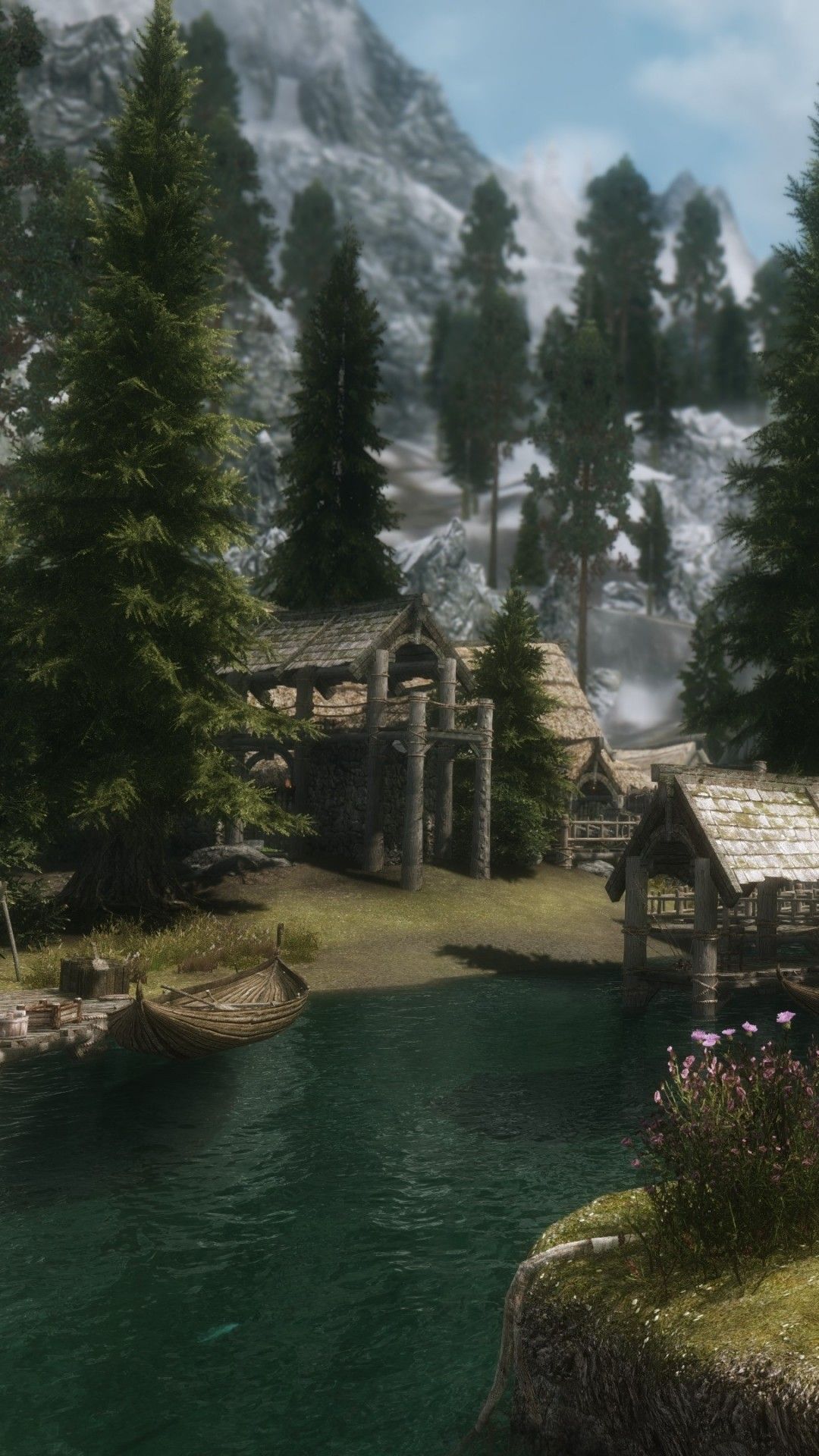 Villaggio Skyrim, lago e montagne, 1080x1920 Full HD Verticale, Samsung Galaxy