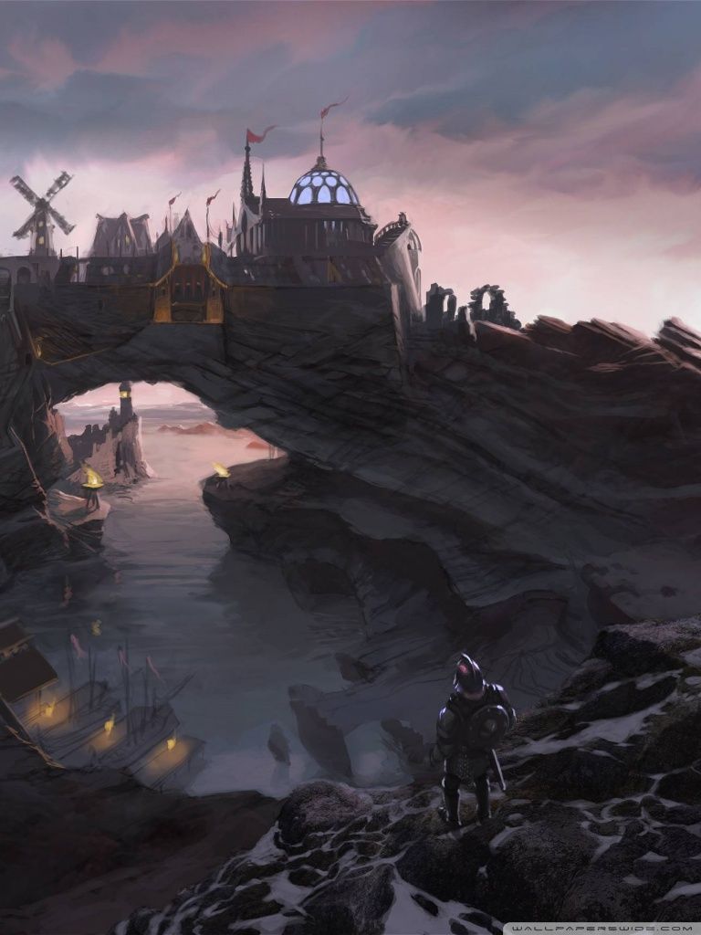 Skyrim città su ponte roccia, 768x1024 Full HD Verticale, Smartphone