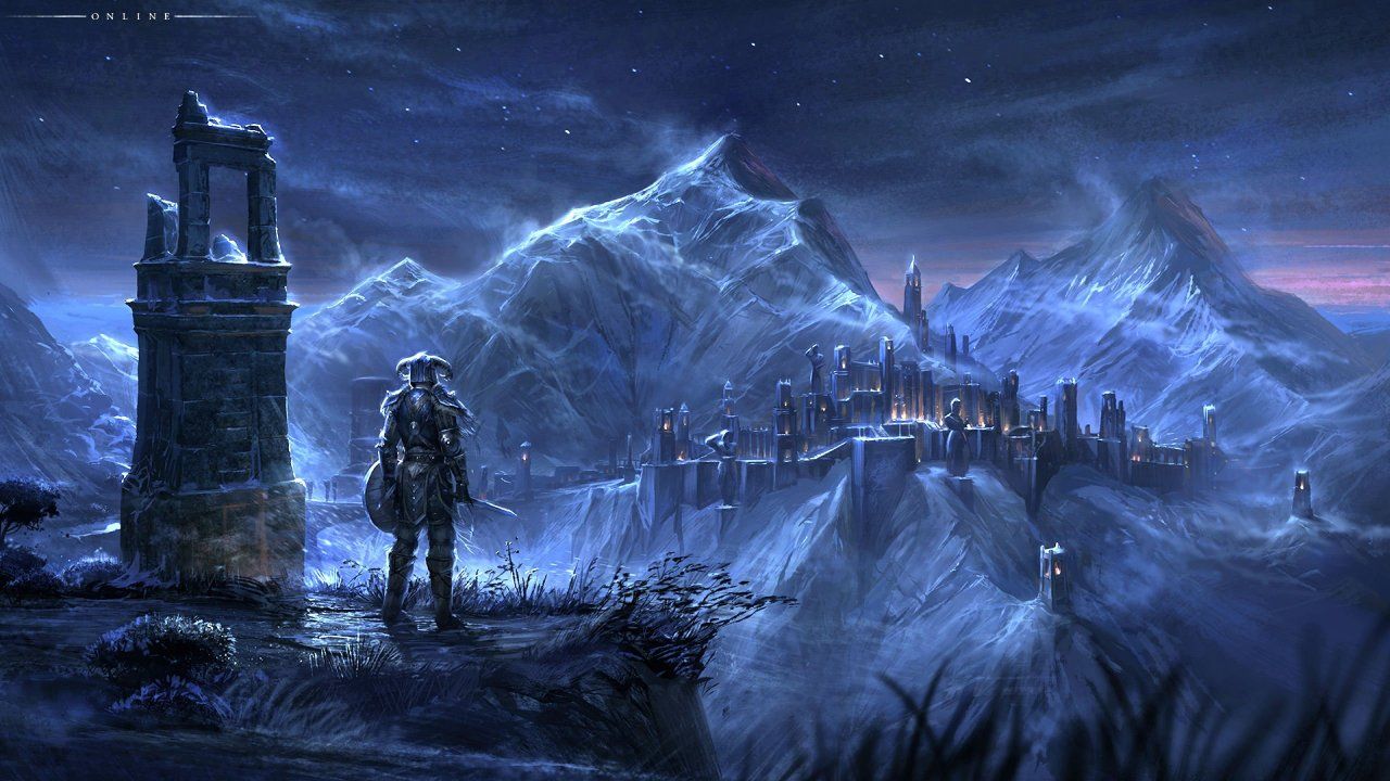 Skyrim, guerriero e castello notturno, 1280x720 720p, iMac