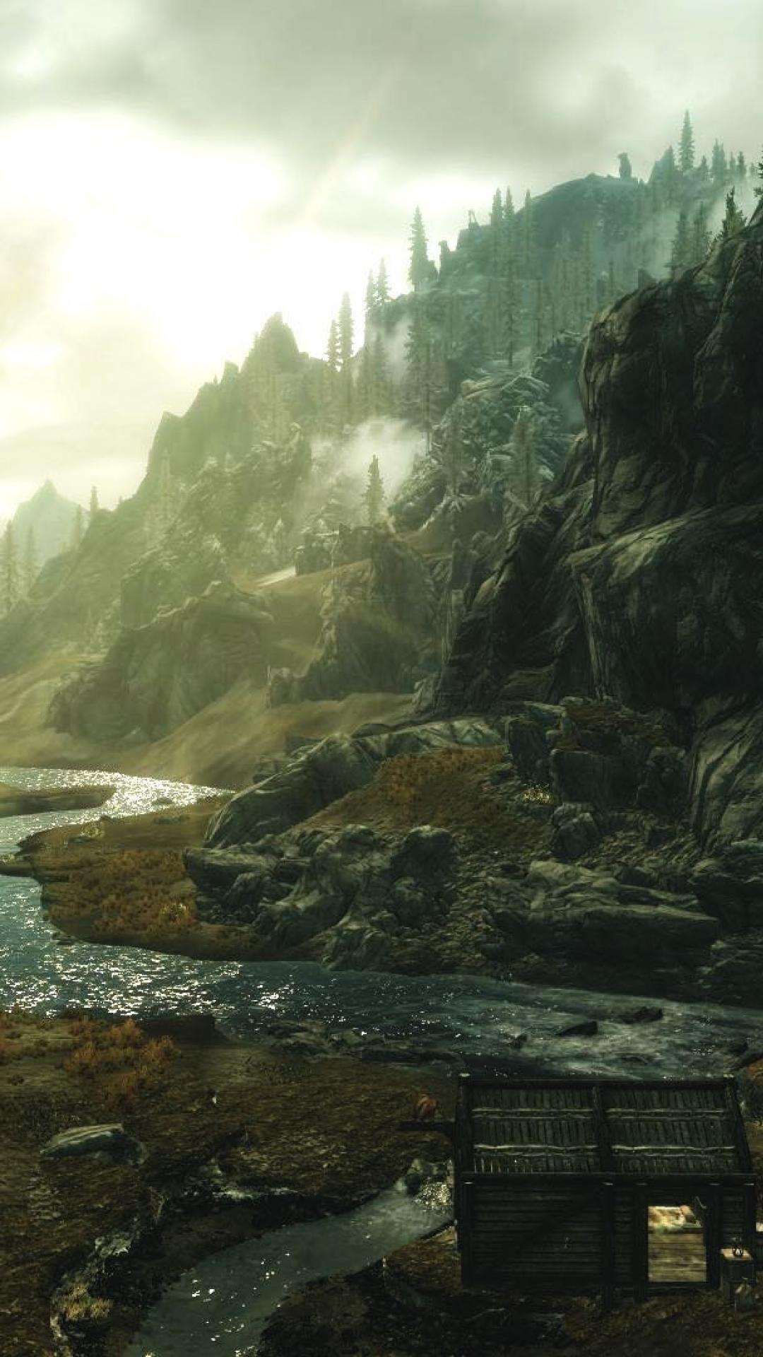 Paesaggio montano Skyrim, valle nebbiosa, 1080x1920 Full HD Verticale, Smartphone