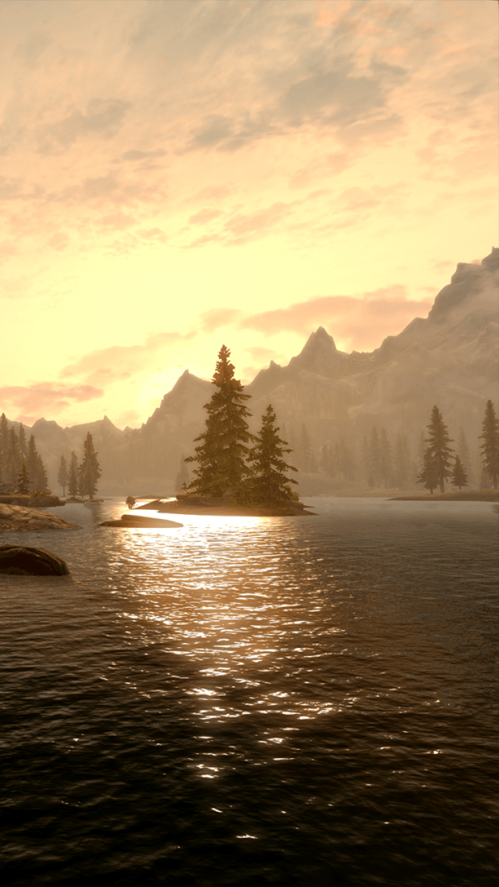 Skyrim tramonto lago montagne, The Elder Scrolls, 720x1280 Verticale, Telefono