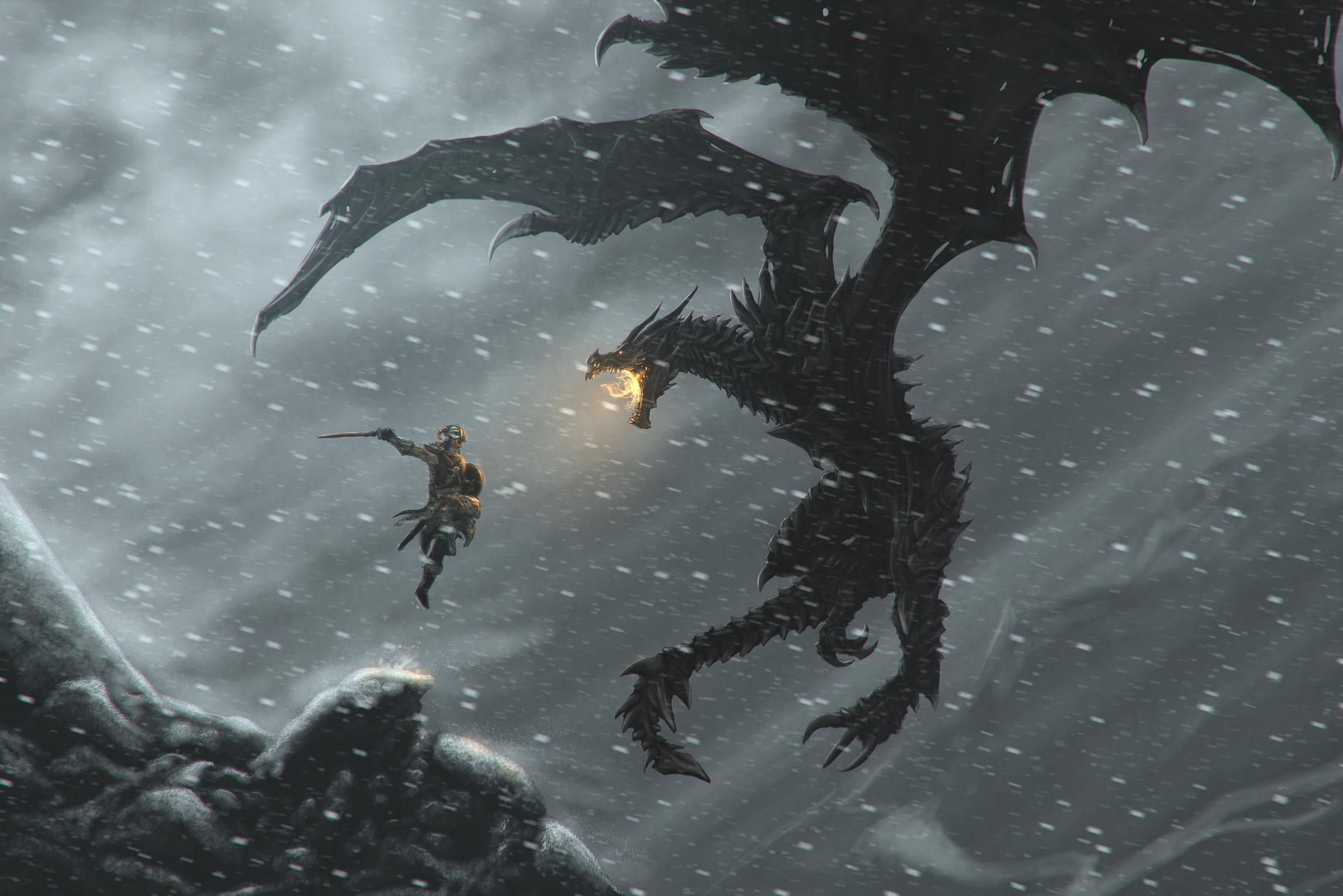 Guerriero contro drago Skyrim, 2298x1534 2K, Desktop