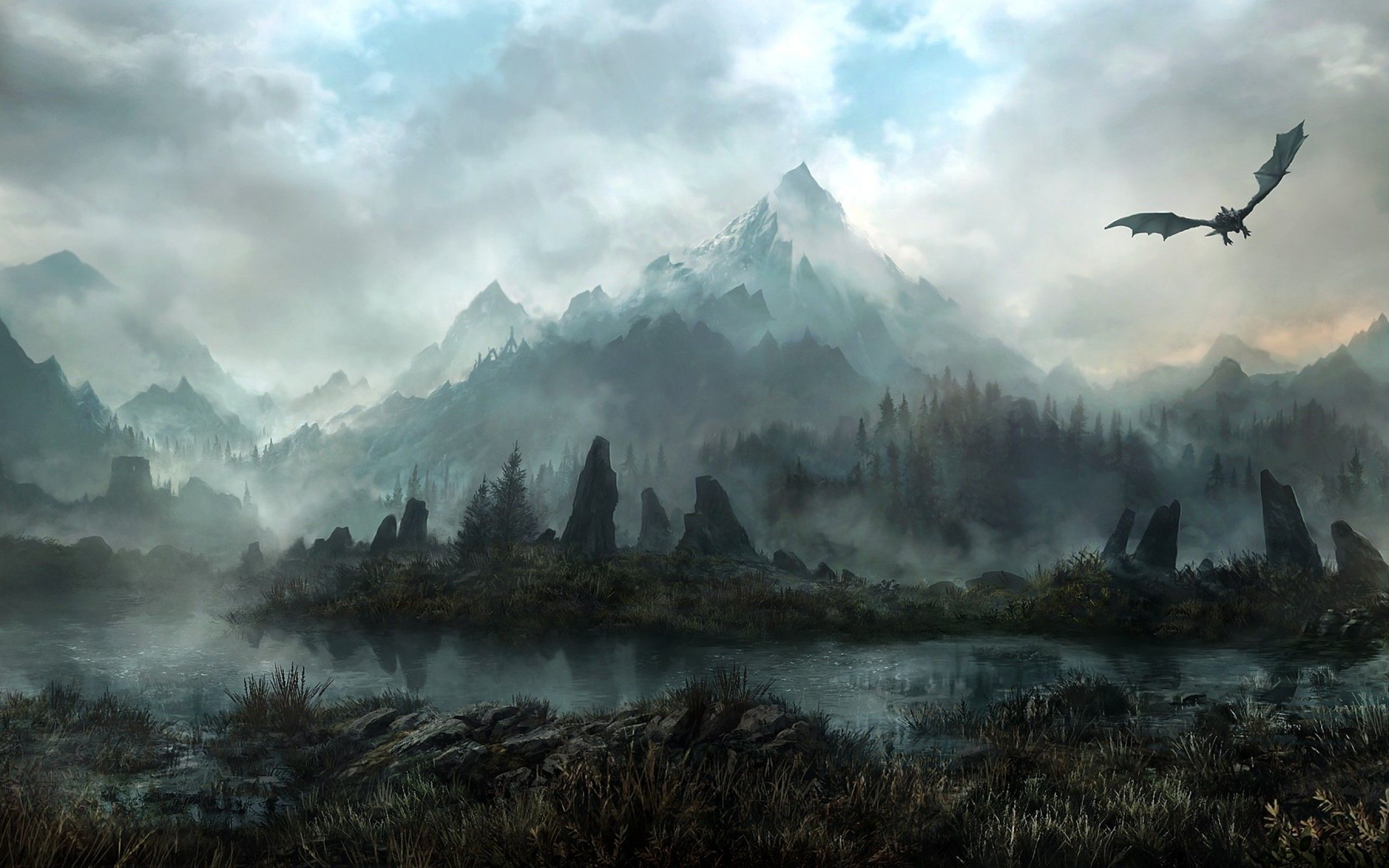Drago sopra montagne nebbiose Skyrim, 2560x1600 WQXGA, Desktop