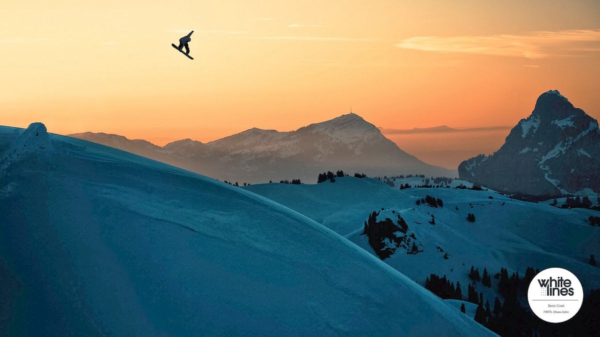 Snowboarder salto tramonto montagne, 1200x675 HD, Desktop