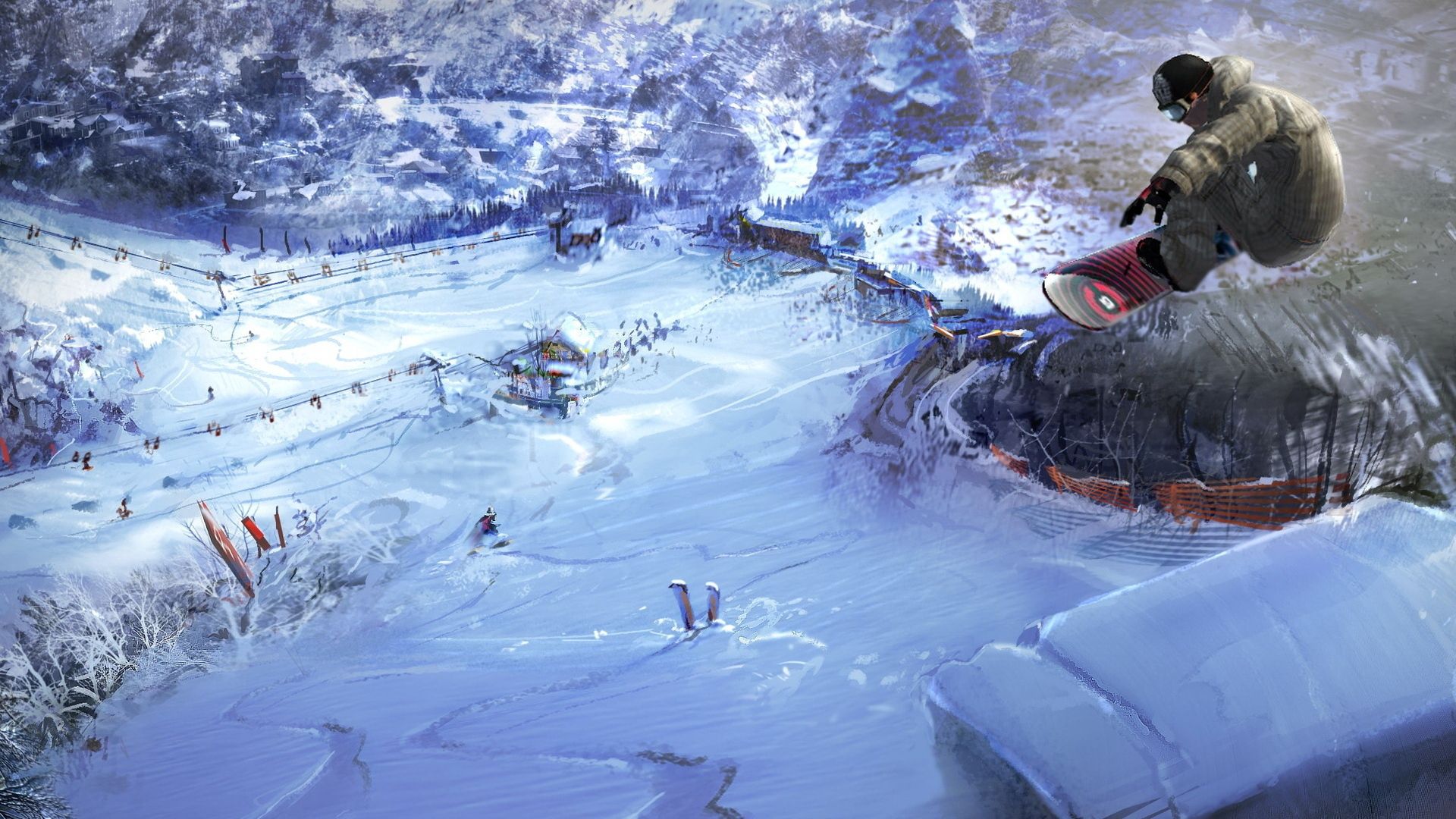 Snowboarder salta sopra villaggio innevato, 1920x1080 Full HD, PC