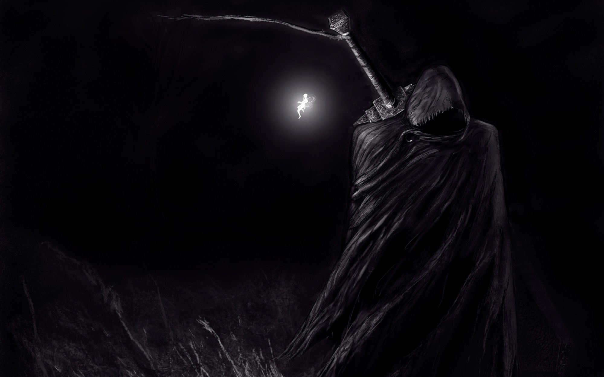 Figura incappucciata, luce lontana, 2000x1250 2K, Laptop
