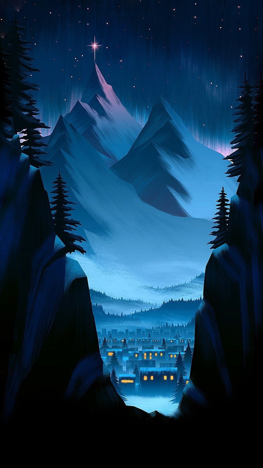 Villaggio montano notturno blu, 1080x1920 Full HD Verticale, Samsung Galaxy