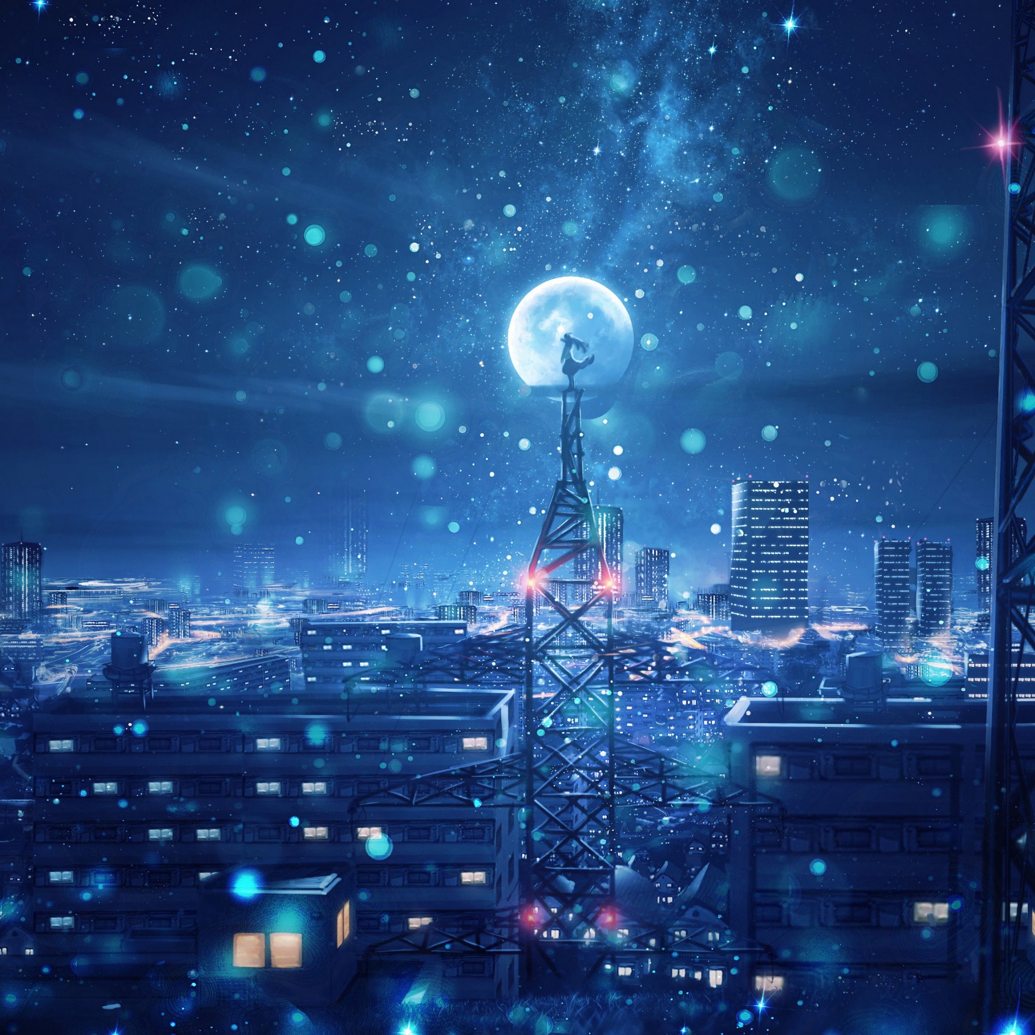 Città notturna con luna e neve, 2048x2048 Hi-Res, Desktop