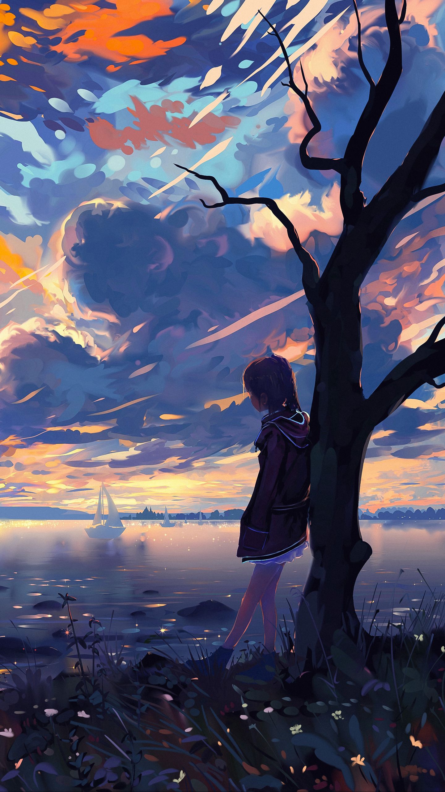 Bambina albero fiume tramonto, 1440x2560 Full HD Verticale, Smartphone