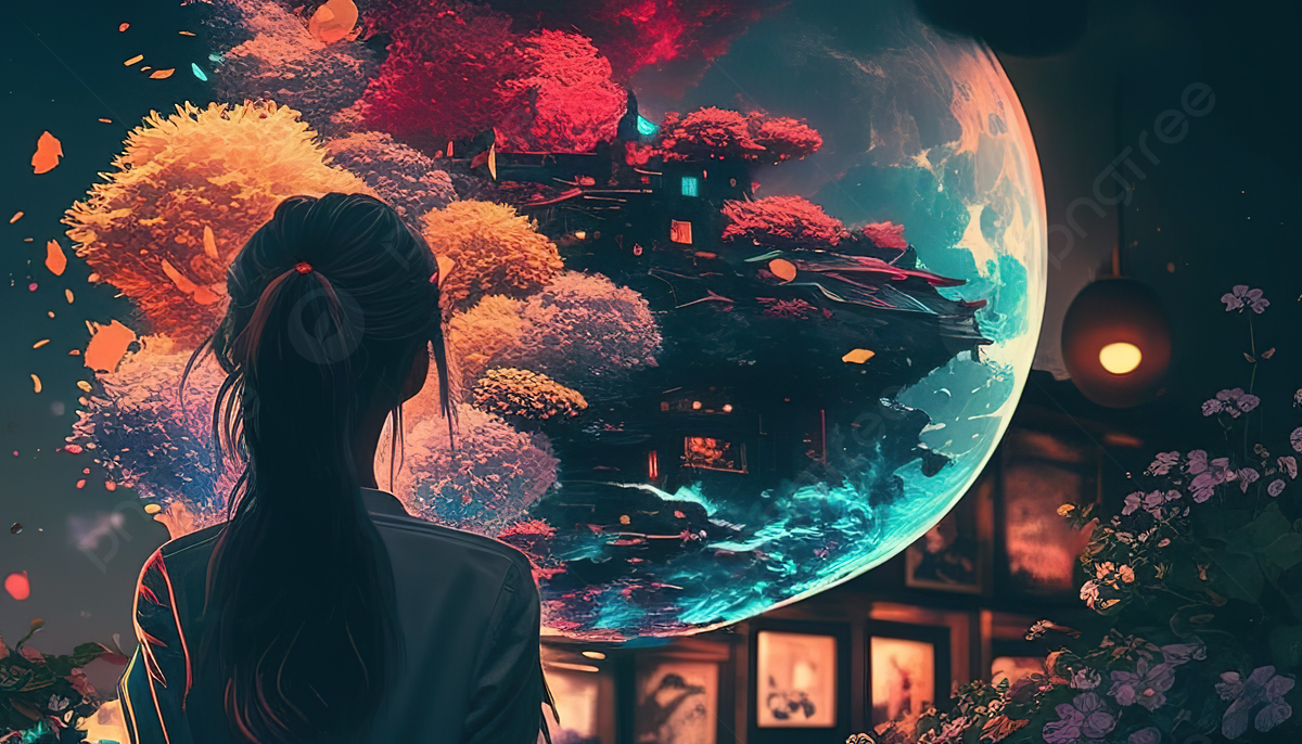 ragazza osserva mondo fantastico luna, 1200x686 HD, Desktop