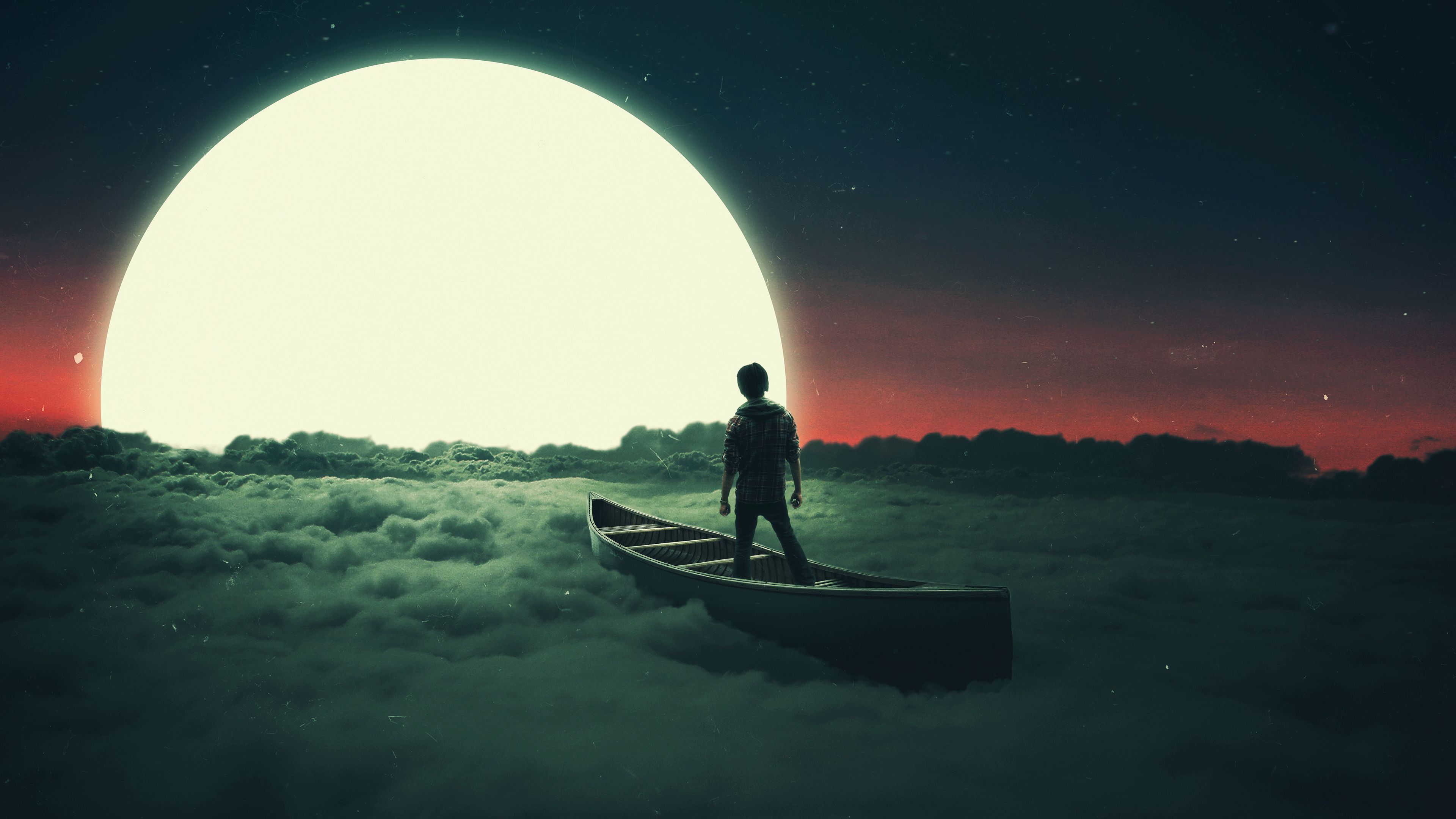 Uomo su barca tra nuvole luna, 3840x2160 Ultra HD, Monitor 4K