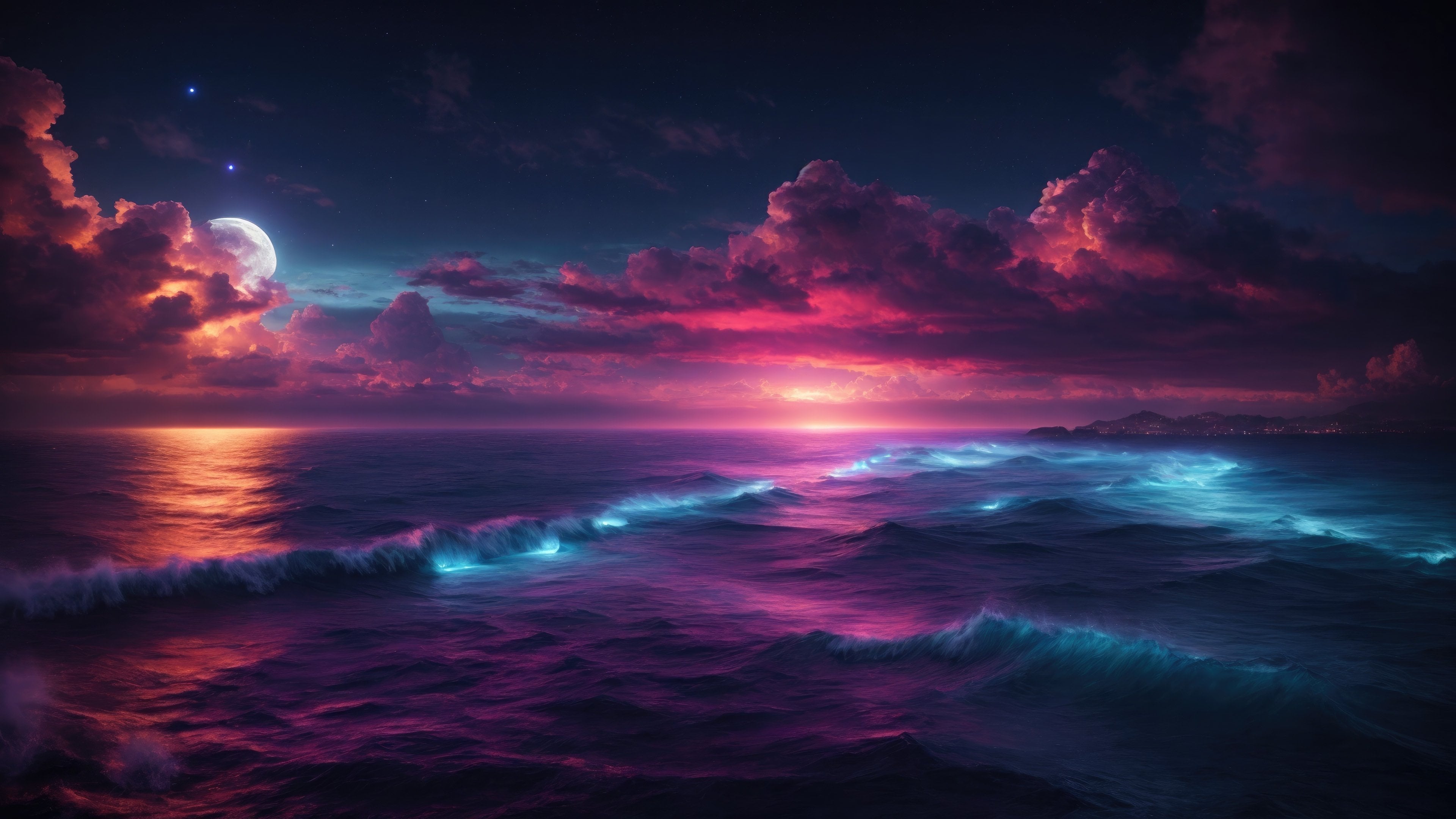 Oceano notturno con luna e nuvole, 3840x2160 4K Ultra HD, Monitor 4K