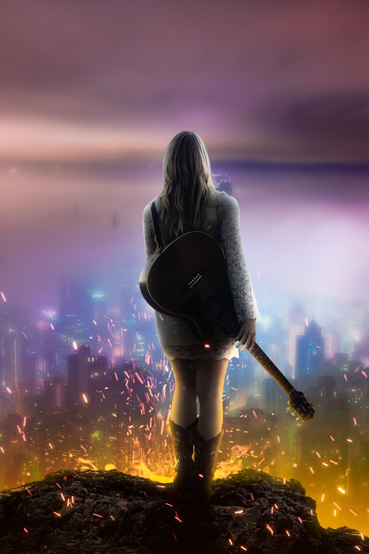 ragazza chitarra città notturna, 1440x2160 Full HD Verticale, iPhone