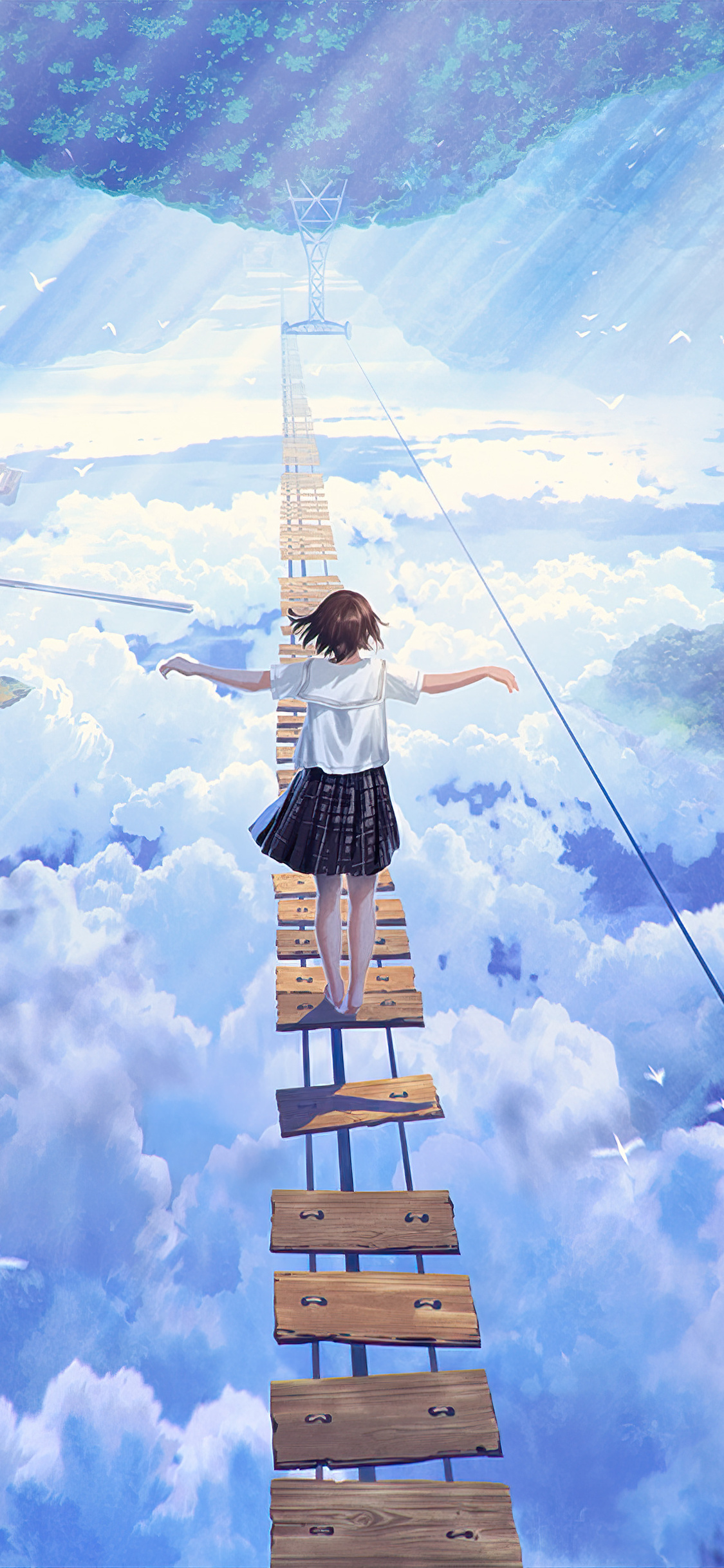 Ragazza anime su ponte tra nuvole, 1125x2436 Verticale, Mobile