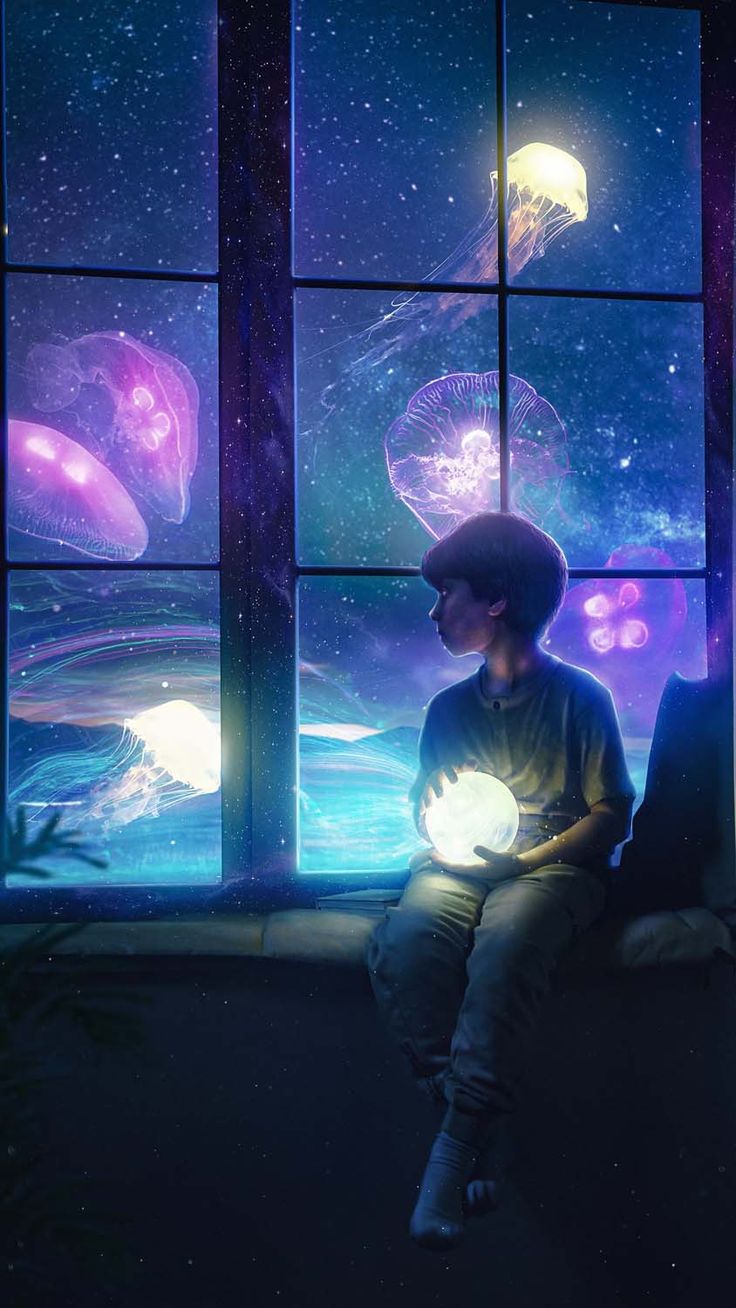Bambino finestra meduse spaziali, 736x1308 Verticale, Telefono
