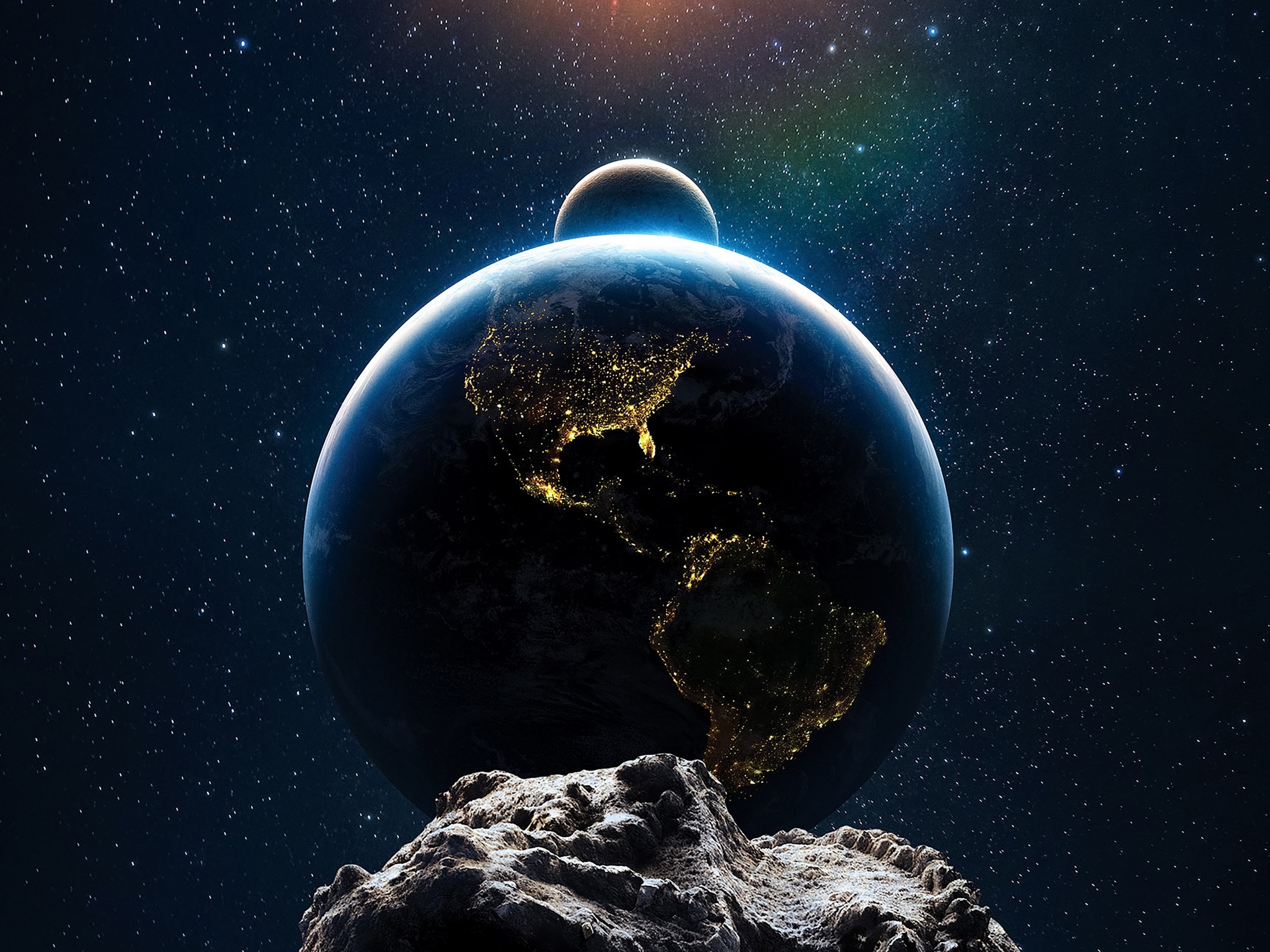 Terra, Luna e asteroide nello spazio, 2048x1536 Hi-Res, Desktop
